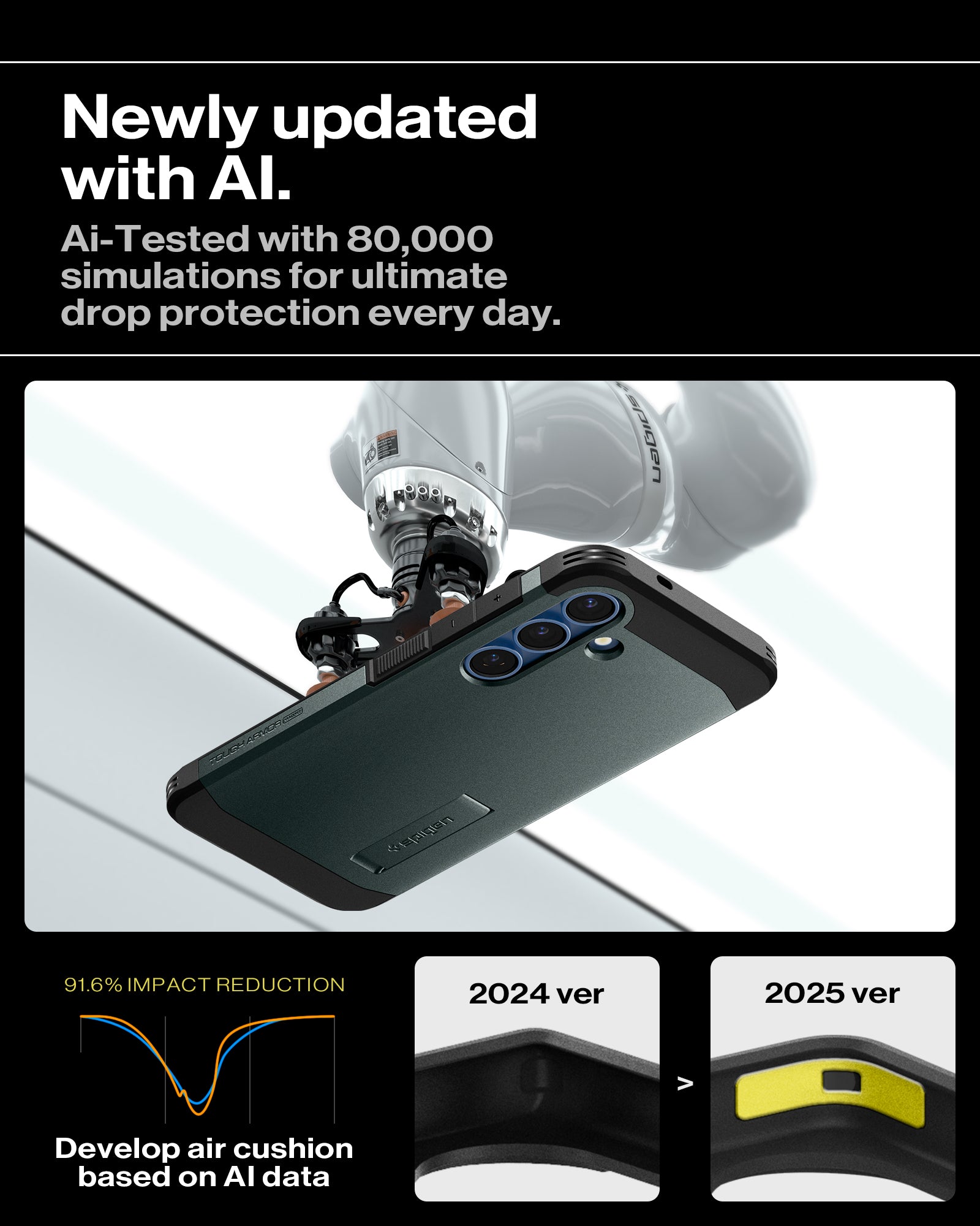 ACS08989 - Galaxy S25 Plus Case Tough Armor AI (MagFit) in Abyss Green showing the newly updated with AI. Ai-Tested with 80,000 simulations for ultimate drop protection everyday. Develop air cushion based on AI data