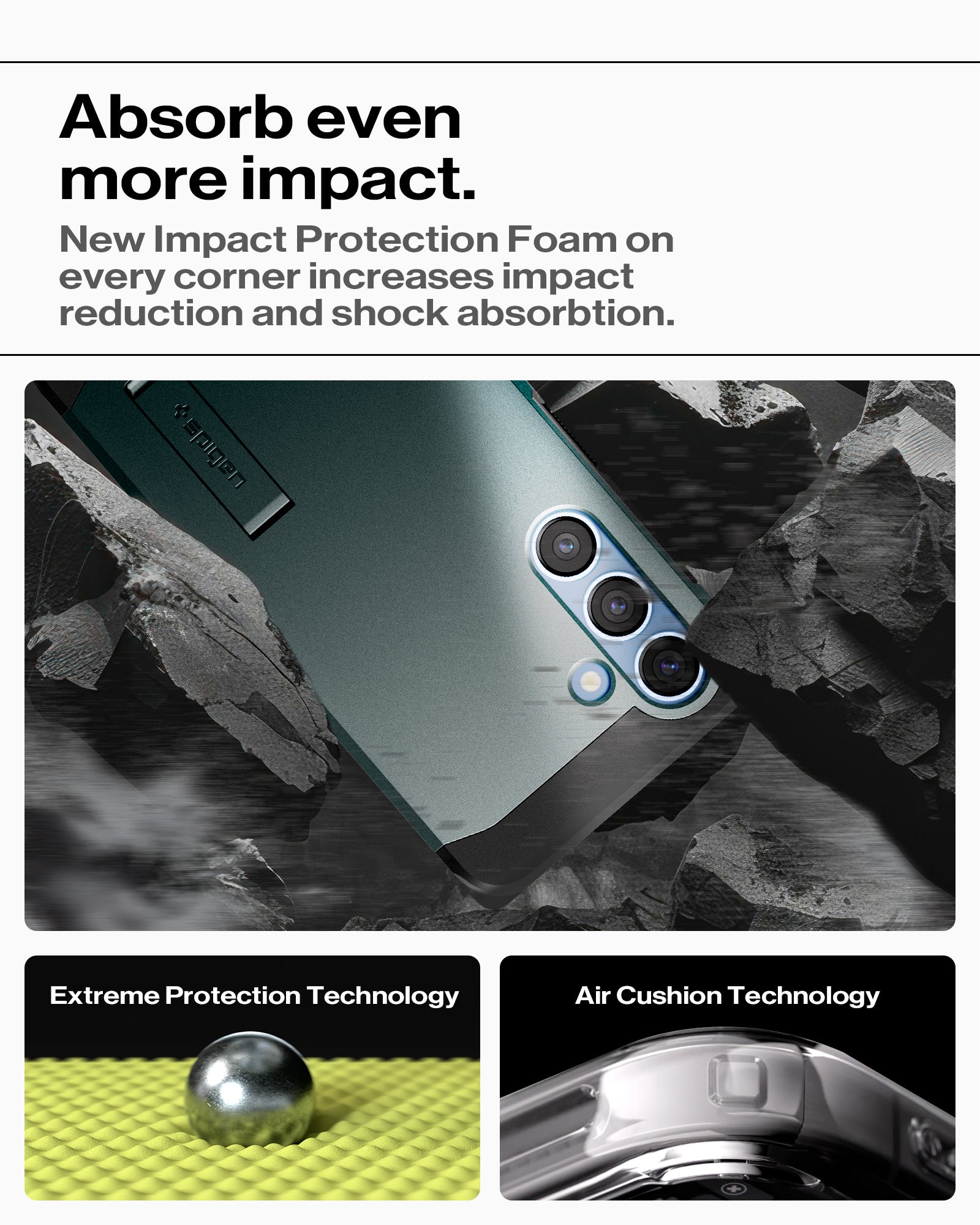 ACS08989 - Galaxy S25 Plus Case Tough Armor AI (MagFit) in Abyss Green showing how it absorb even more impact. New Impact Protection Foam on every corner increases impact reduction and shock absorption. Extreme Protection Technology, Air Cushion Technology