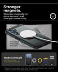 ACS08989 - Galaxy S25 Plus Case Tough Armor AI (MagFit) in Abyss Green showing the stronger magnets. Stronger magnets for easy, securer, and snappy connectivity. Enhanced magnetic strength. Magnetic accessories other than the dedicated Magfit may interfere with the camera lens depending on their size