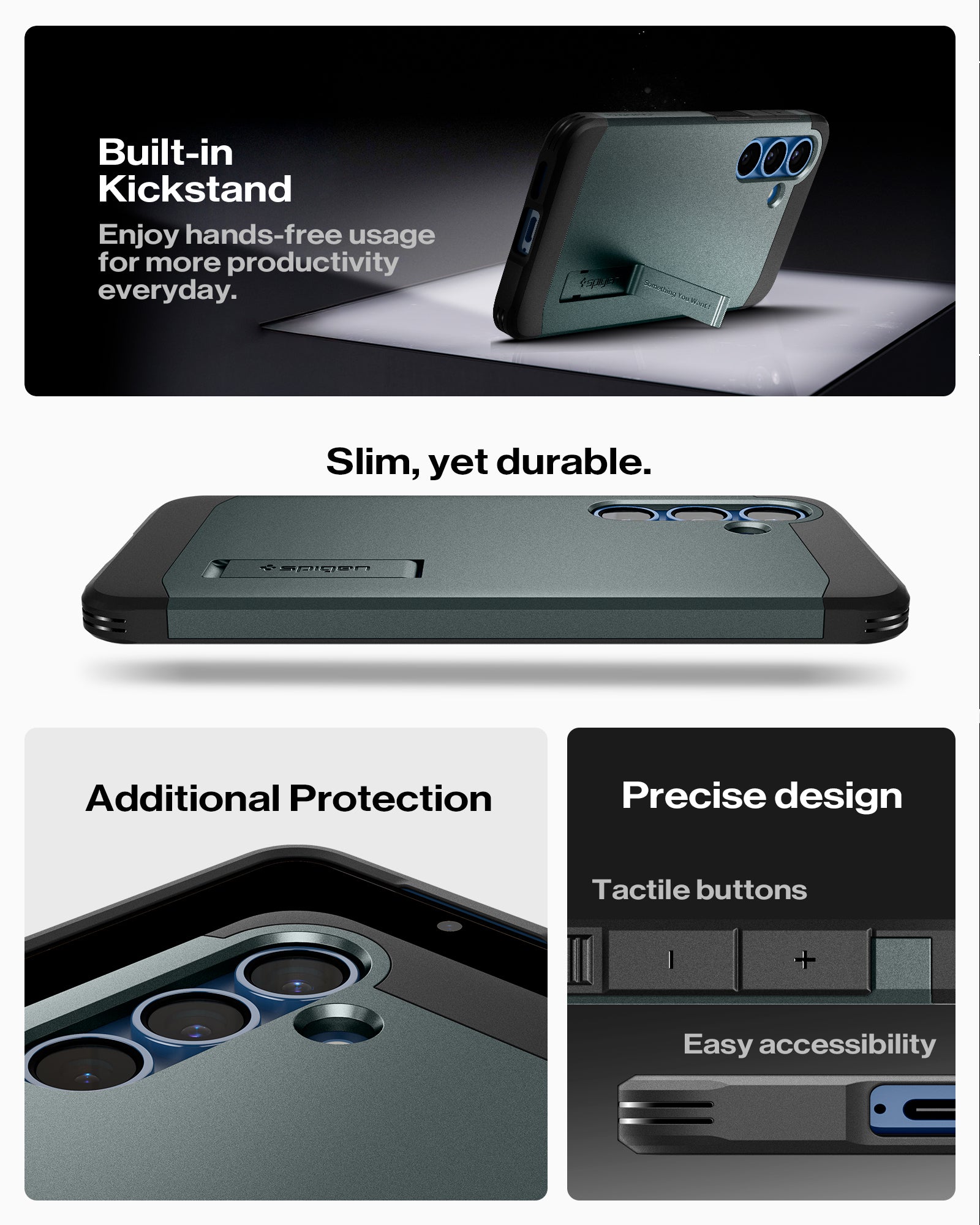 ACS08989 - Galaxy S25 Plus Case Tough Armor AI (MagFit) in Abyss Green showing the built-in kickstand. Enjoy hands-free usage for more productivity everyday. Slim, yet durable. Additional Protection, Precise design and easy accessibility