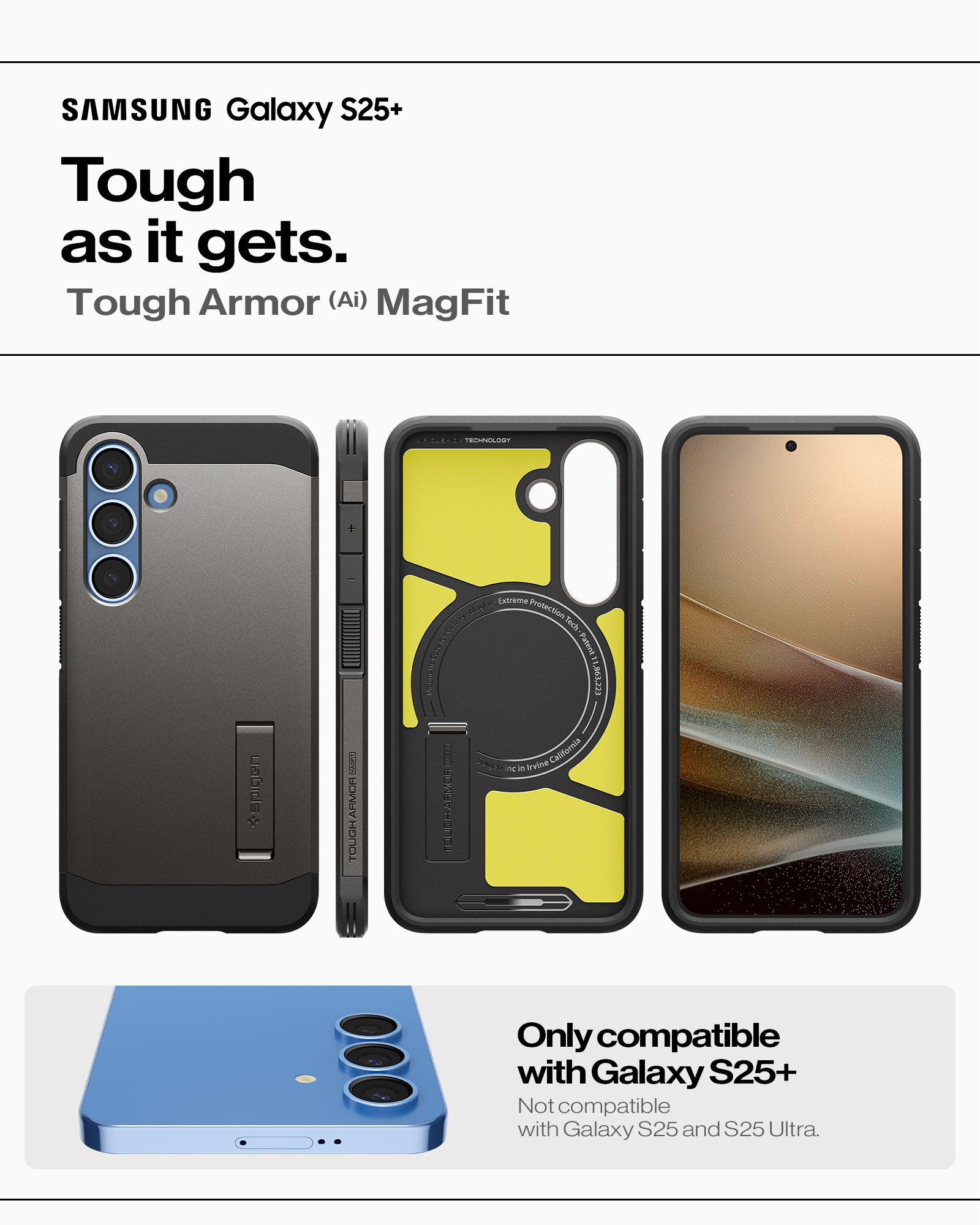 ACS08988 - Galaxy S25 Plus Case Tough Armor AI (MagFit) in Gunmetal showing the only compatible with Galaxy S25+. Not compatible with  Galaxy S25/Galaxy S25 Ultra