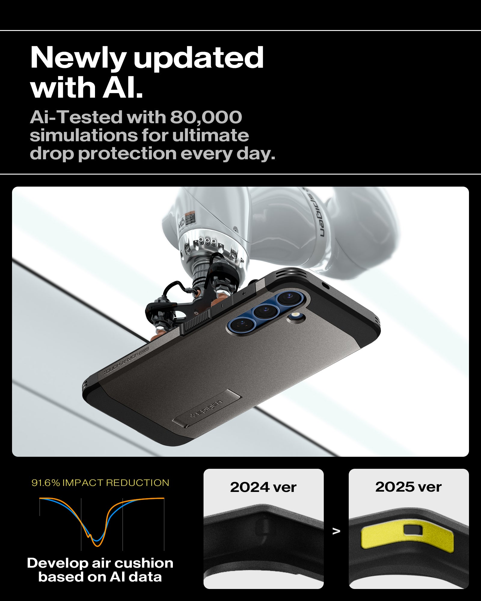 ACS08988 - Galaxy S25 Plus Case Tough Armor AI (MagFit) in Gunmetal showing the newly updated with AI. Ai-Tested with 80,000 simulations for ultimate drop protection everyday. Develop air cushion based on AI data