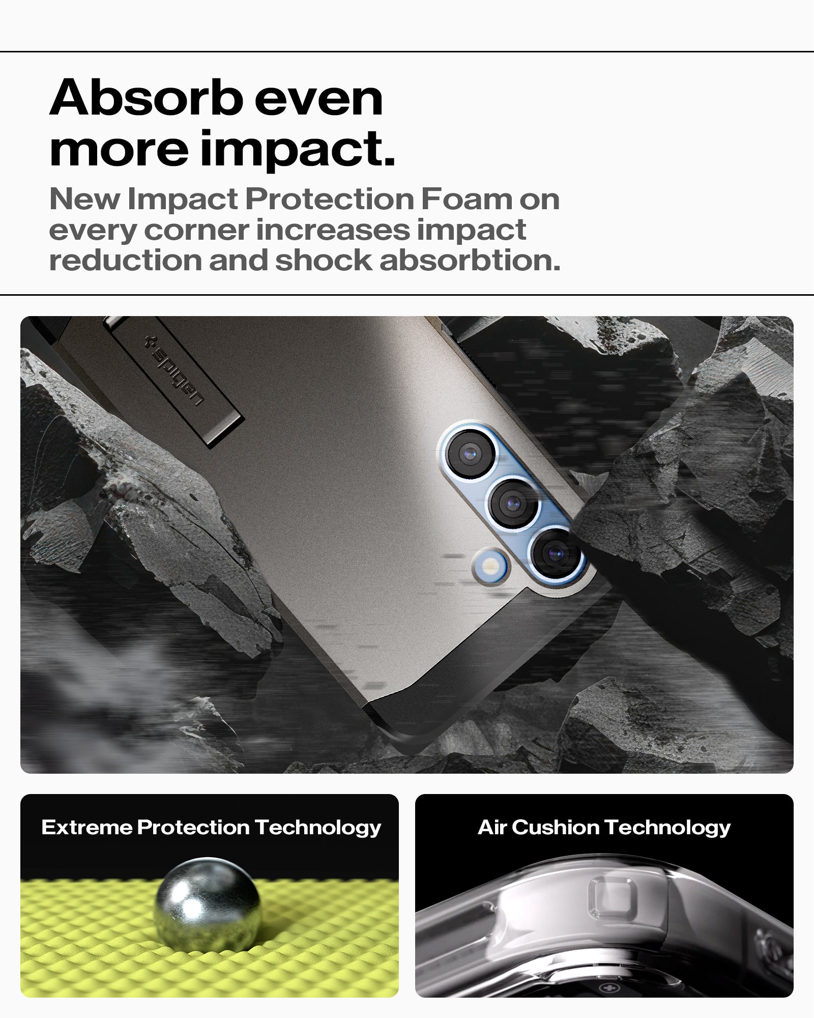 ACS08988 - Galaxy S25 Plus Case Tough Armor AI (MagFit) in Gunmetal showing how it absorb even more impact. New Impact Protection Foam on every corner increases impact reduction and shock absorption. Extreme Protection Technology, Air Cushion Technology