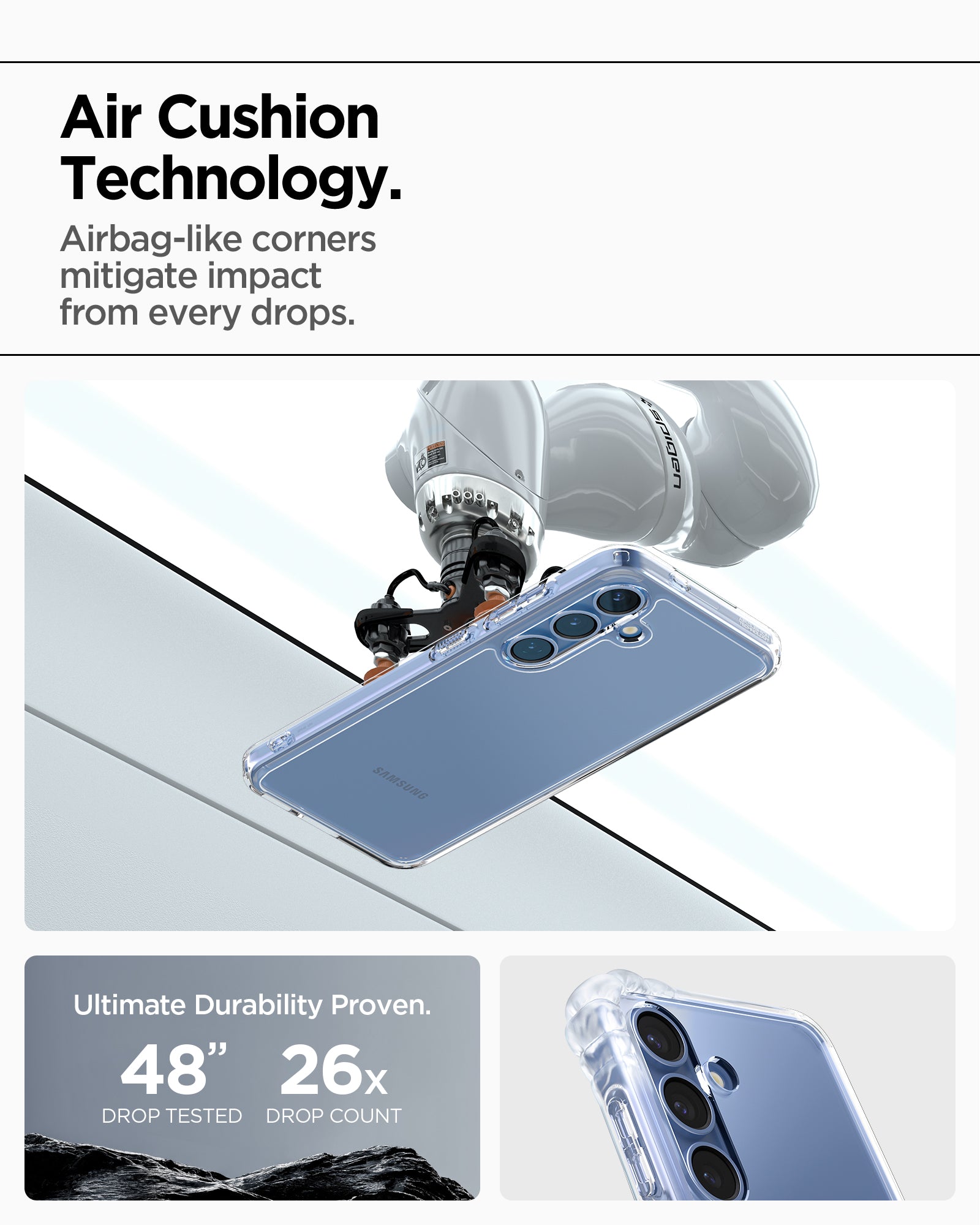 ACS08985 - Galaxy S25 Plus Case Ultra Hybrid in Crystal Clear showing the Air Cushion Technology. Airbag-like corners mitigate impact from every drops. Ultimate Durability Proven. 48" drop tested, 26x drop count