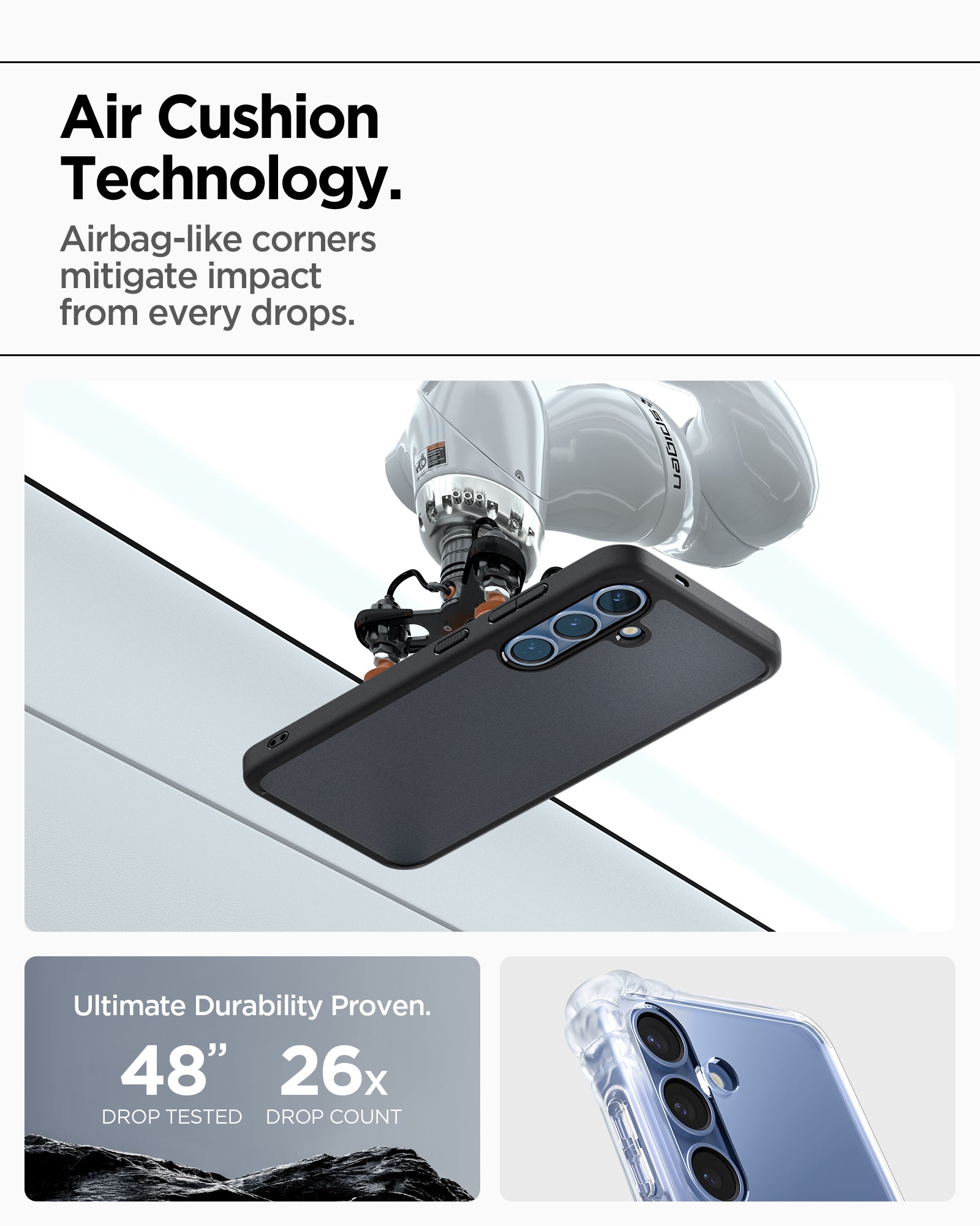 ACS08986 - Galaxy S25 Plus Case Ultra Hybrid in Frost Black showing the Air Cushion Technology. Airbag-like corners mitigate impact from every drops. Ultimate Durability Proven. 48" drop tested, 26x drop count