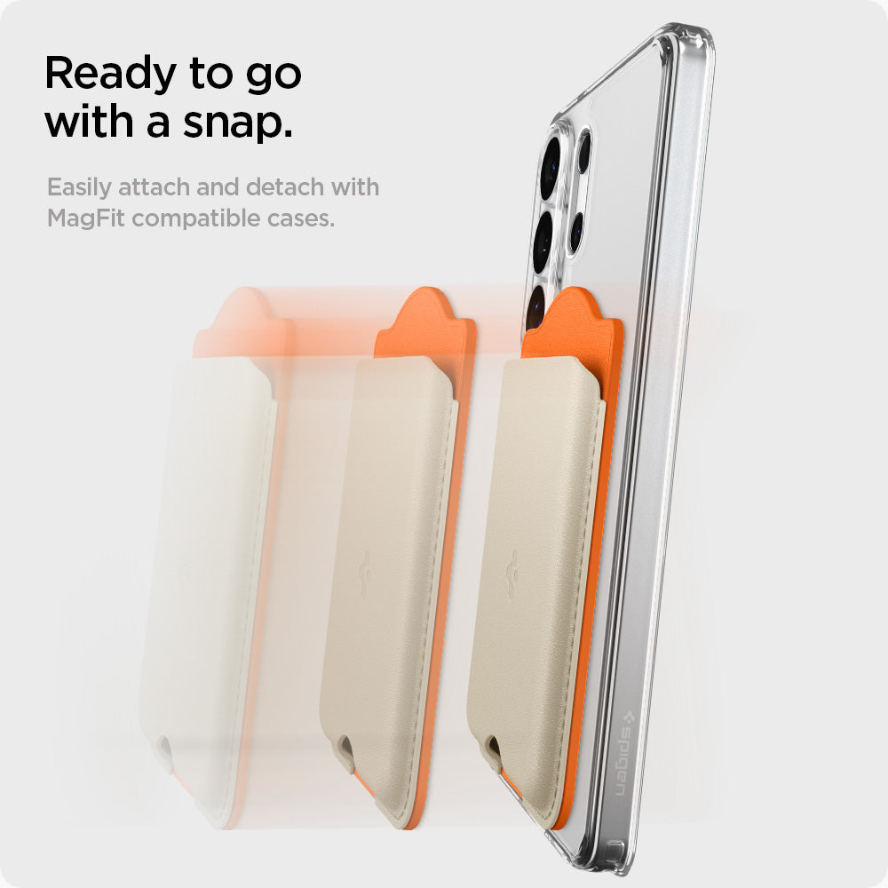 AFA09233 - Galaxy S25 Case MagSafe Card Holder Nano Pop (MagFit) in Orange Beige showing ready to go with a snap.