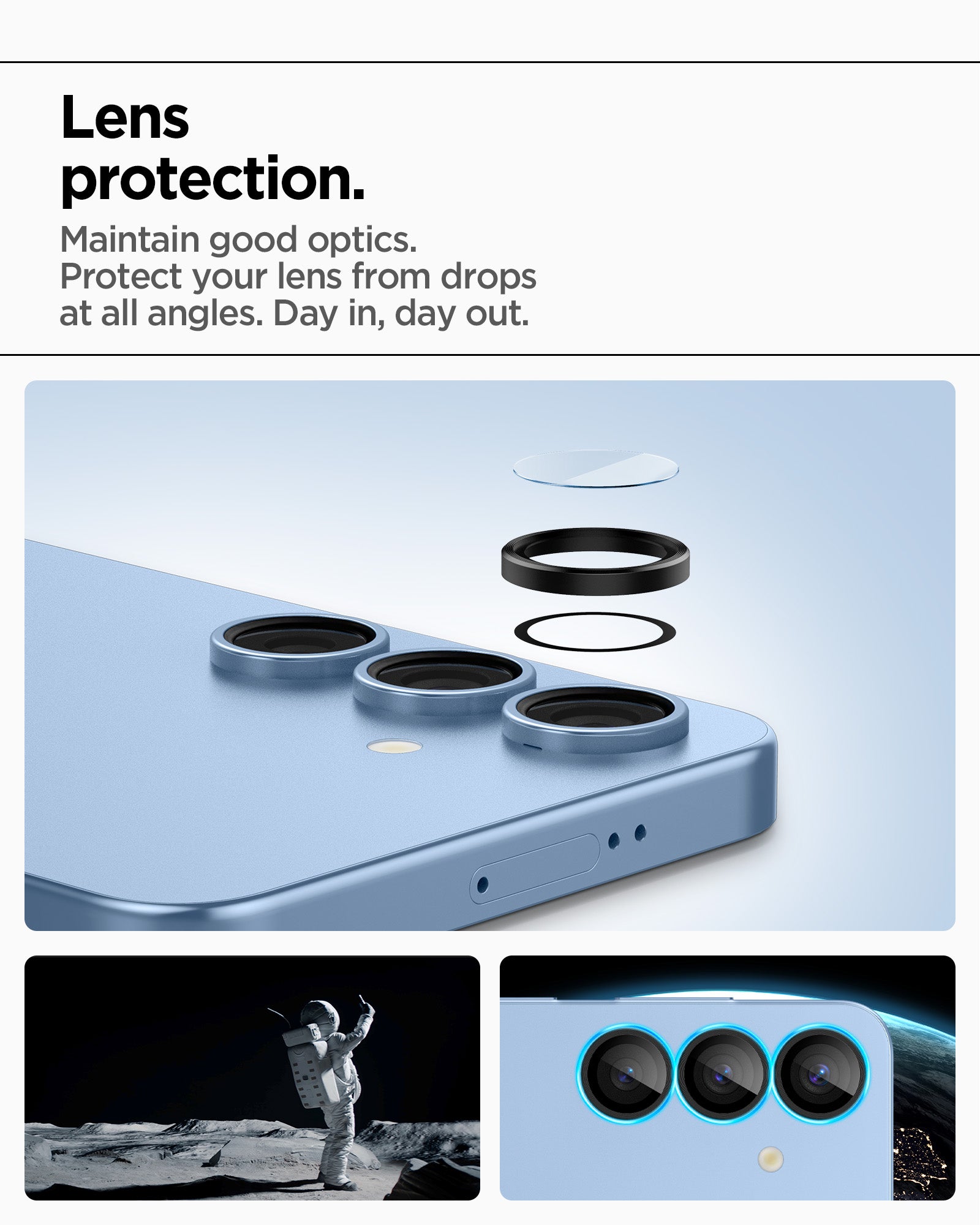 AGL09086 - Galaxy S25 Plus Optik Pro EZ Fit Lens Protector in Black showing the lens protection. Maintain good optics. Protect your lens from drops at all angles. Day in, day out