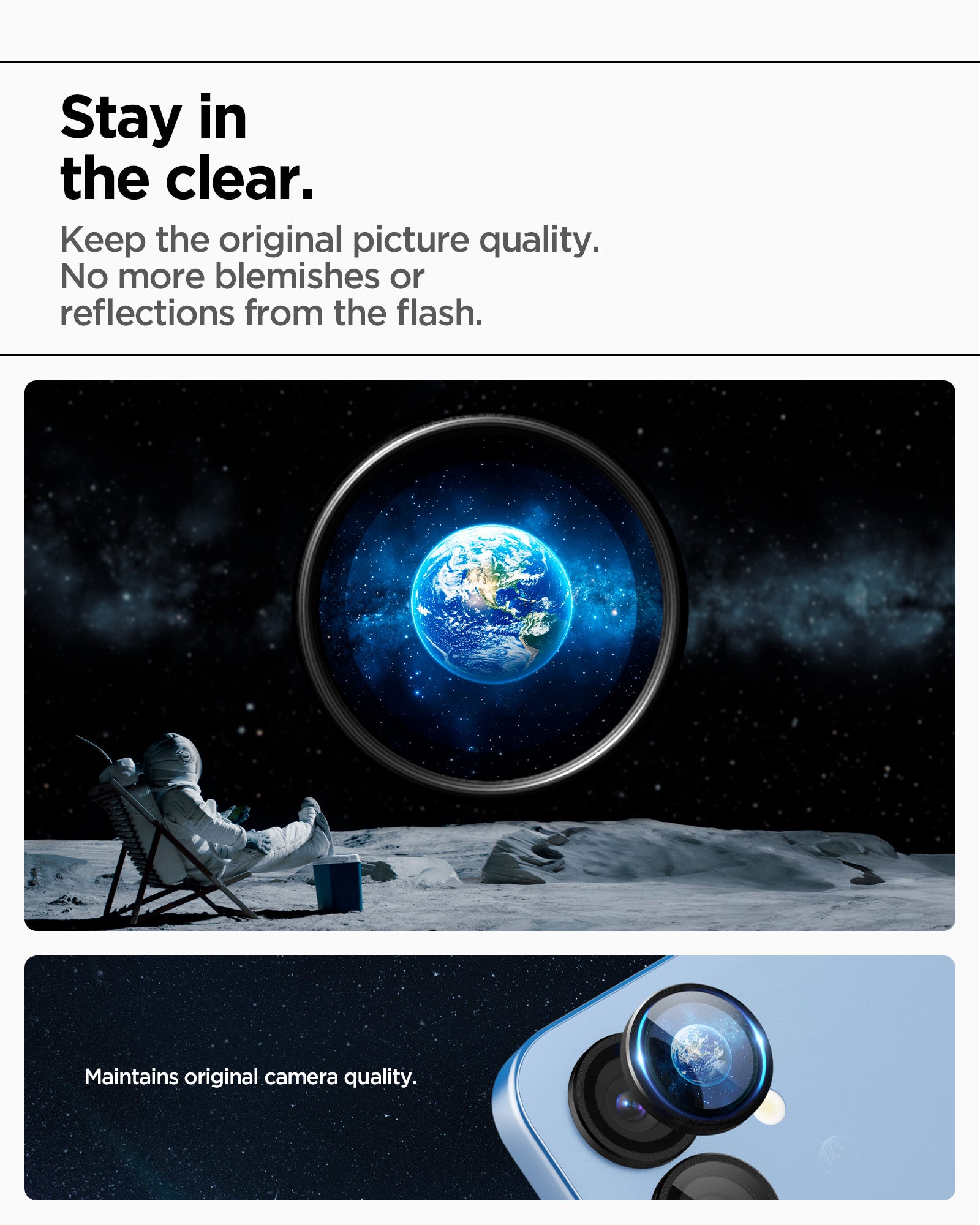 AGL09086 - Galaxy S25 Plus Optik Pro EZ Fit Lens Protector in Black showing staying in the clear. Keep the original picture quality. No more blemishes or reflections from the flash. Maintains original camera quality