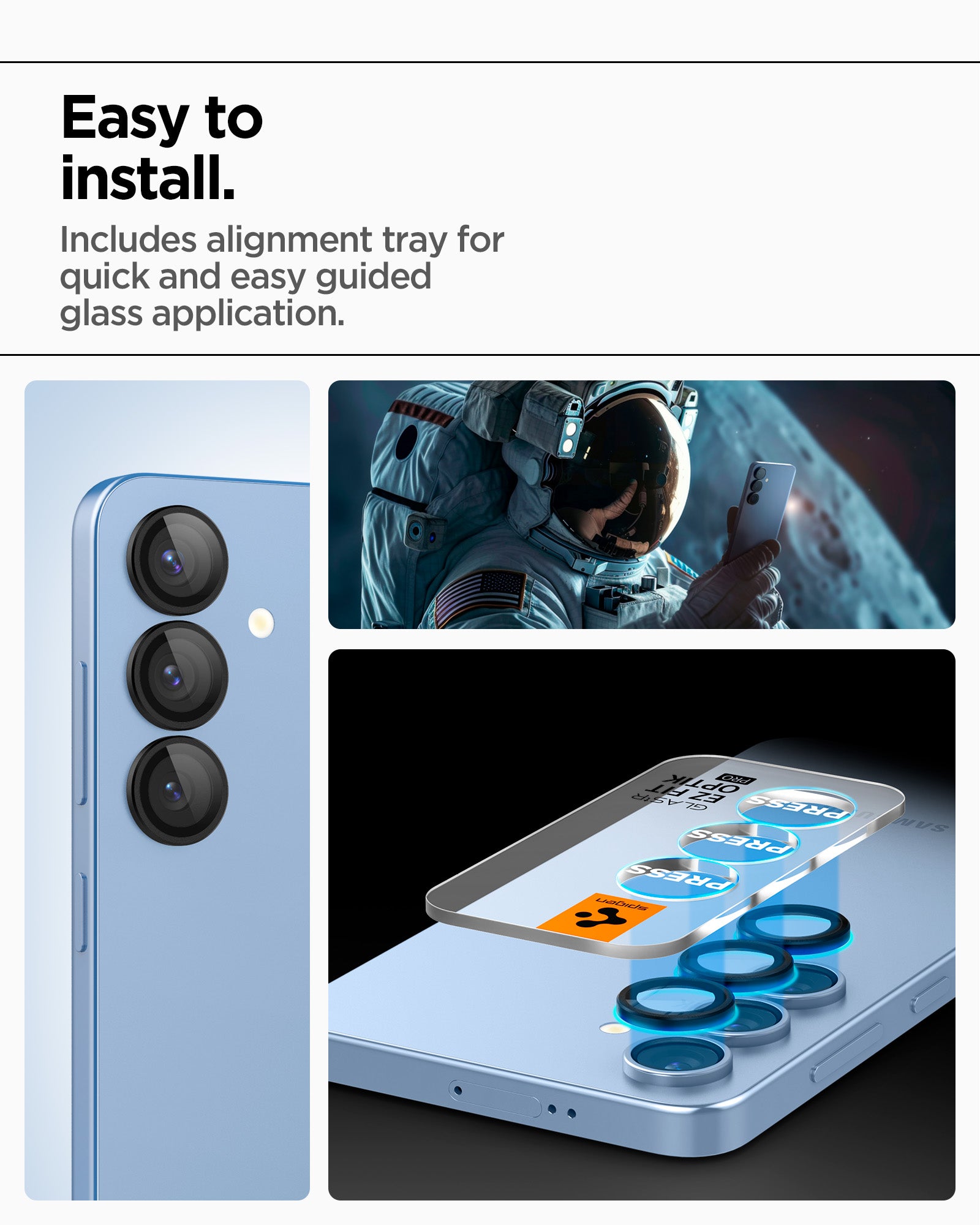 AGL09086 - Galaxy S25 Plus Optik Pro EZ Fit Lens Protector in Black showing the easy to install. Includes alignment tray for quick and easy guided glass application
