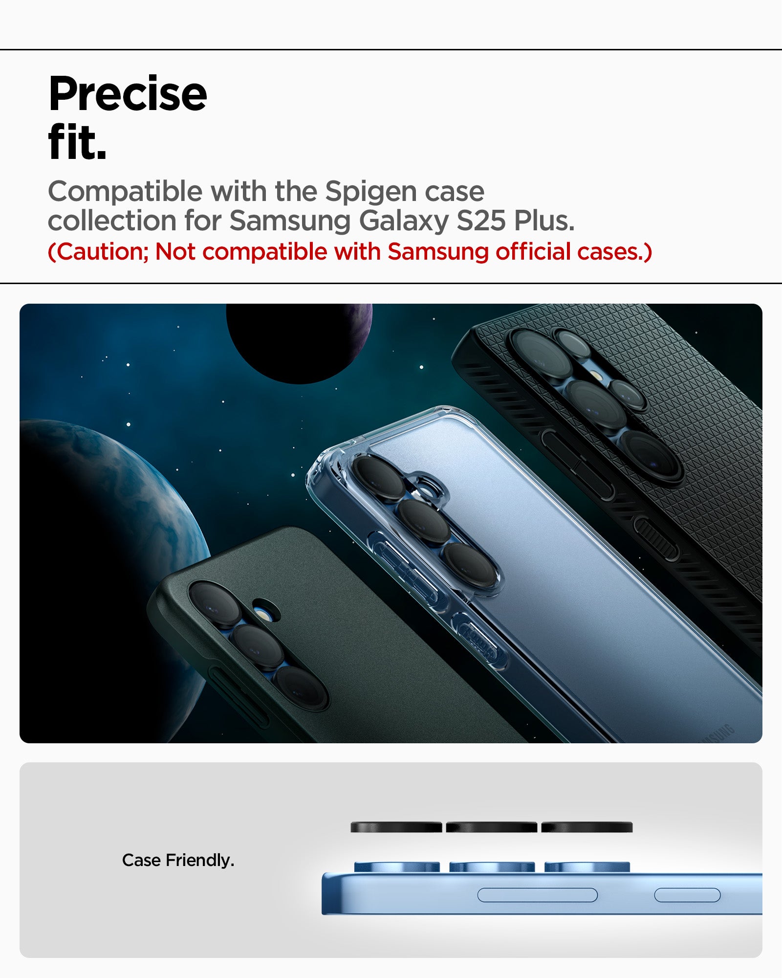 AGL09086 - Galaxy S25 Plus Optik Pro EZ Fit Lens Protector in Black showing the precise fit. Compatible with the Spigen case collection for Samsung Galaxy S25 Ultra (Caution; Not compatible with Samsung official cases)