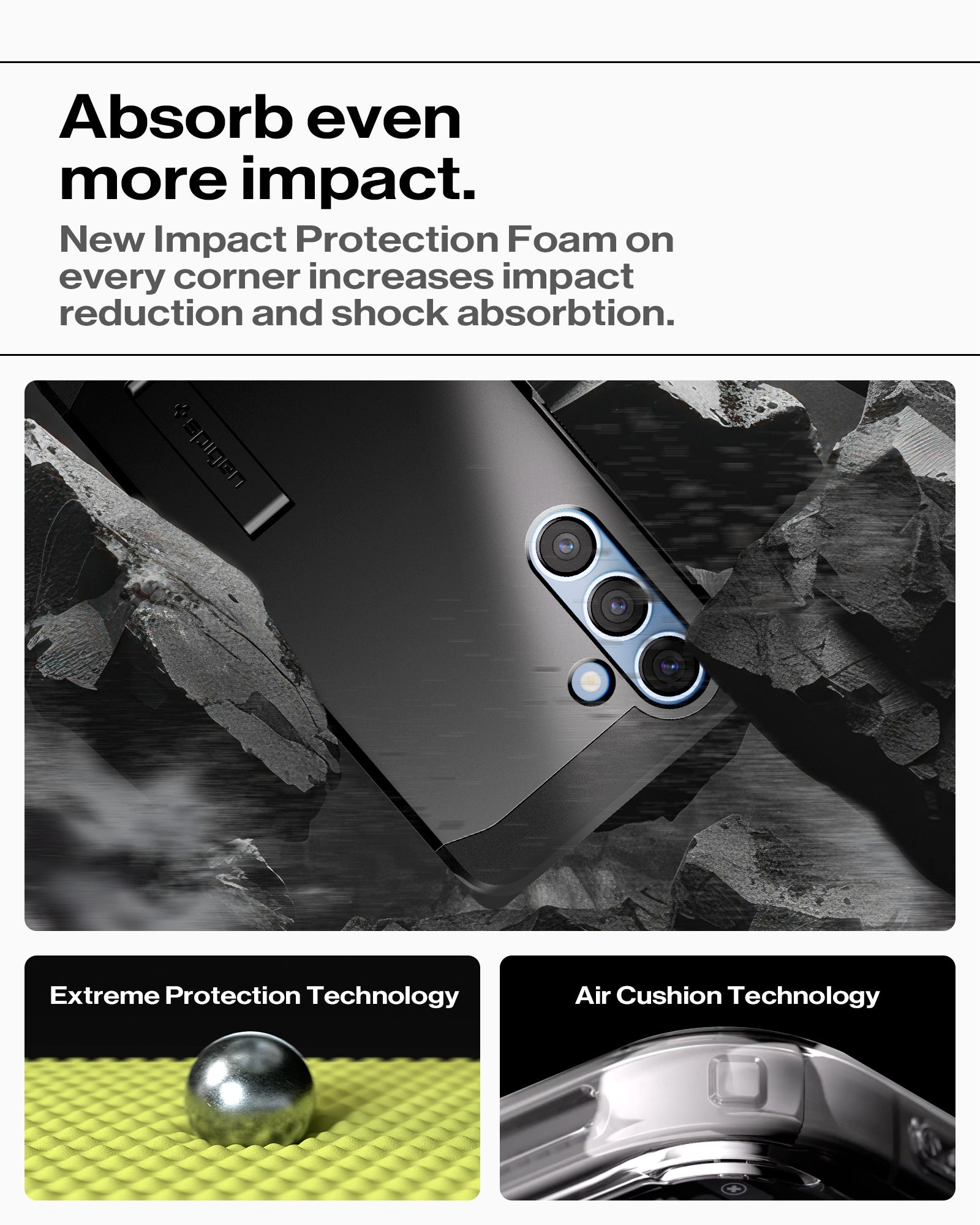 ACS09008 - Galaxy S25 Case Tough Armor AI (MagFit) in Black showing how it absorb even more impact. New Impact Protection Foam on every corner increases impact reduction and shock absorption. Extreme Protection Technology, Air Cushion Technology