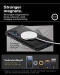 ACS09008 - Galaxy S25 Case Tough Armor AI (MagFit) in Black showing the stronger magnets. Stronger magnets for easy, securer, and snappy connectivity. Enhanced magnetic strength. Magnetic accessories other than the dedicated Magfit may interfere with the camera lens depending on their size