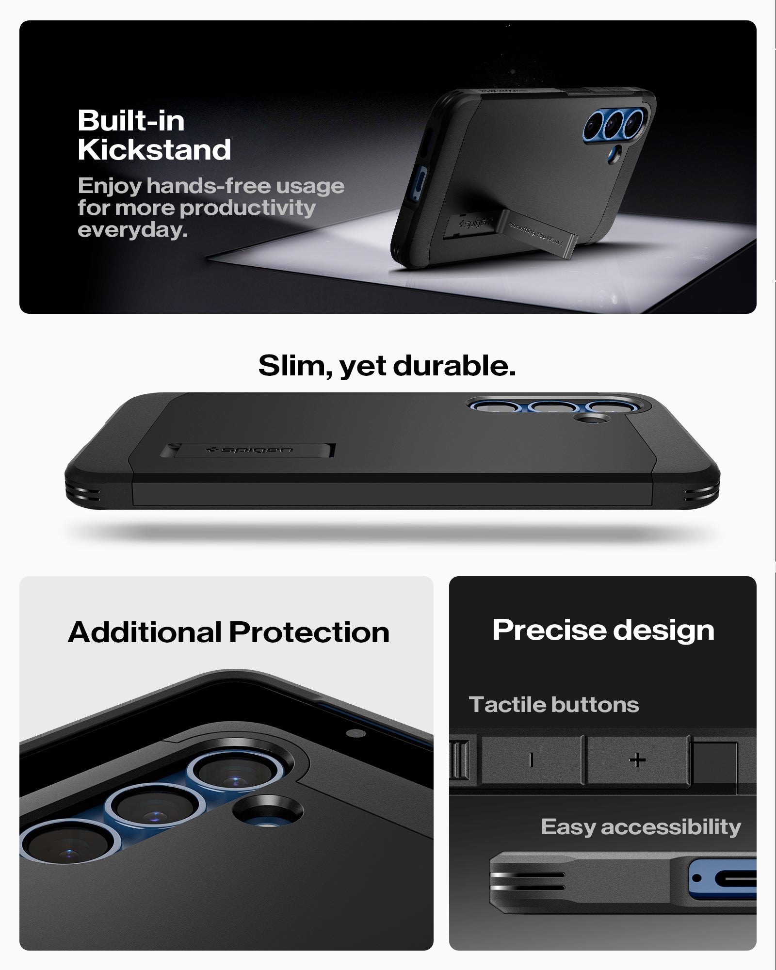 ACS09008 - Galaxy S25 Case Tough Armor AI (MagFit) in Black showing the built-in kickstand. Enjoy hands-free usage for more productivity everyday. Slim, yet durable. Additional Protection, Precise design and easy accessibility
