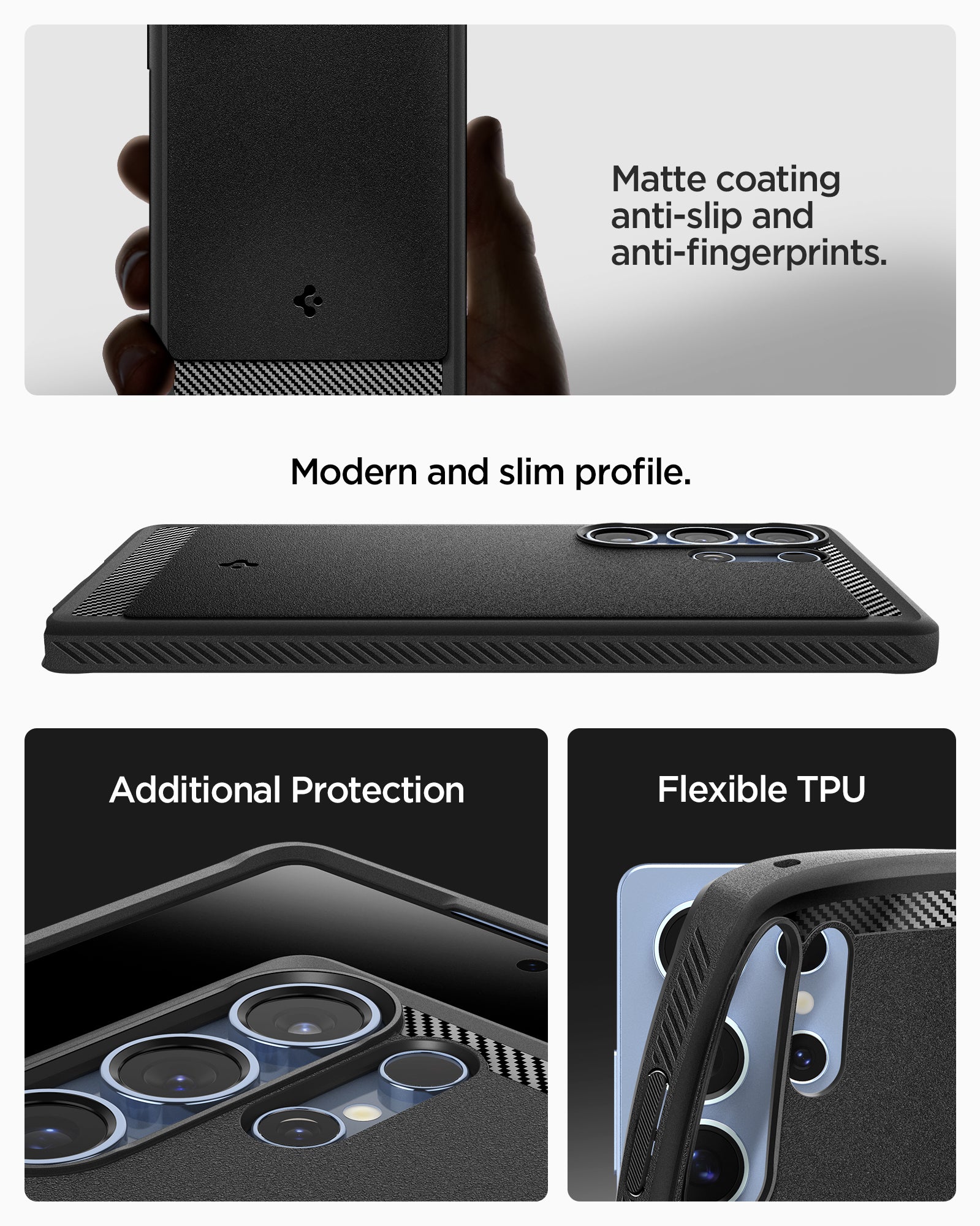ACS08951 - Galaxy S25 Ultra Case Rugged Armor (MagFit) in Matte Black matte coating anti slip and anti fingerprints. Modern and slim profile. Additional protection. flexible tpu.