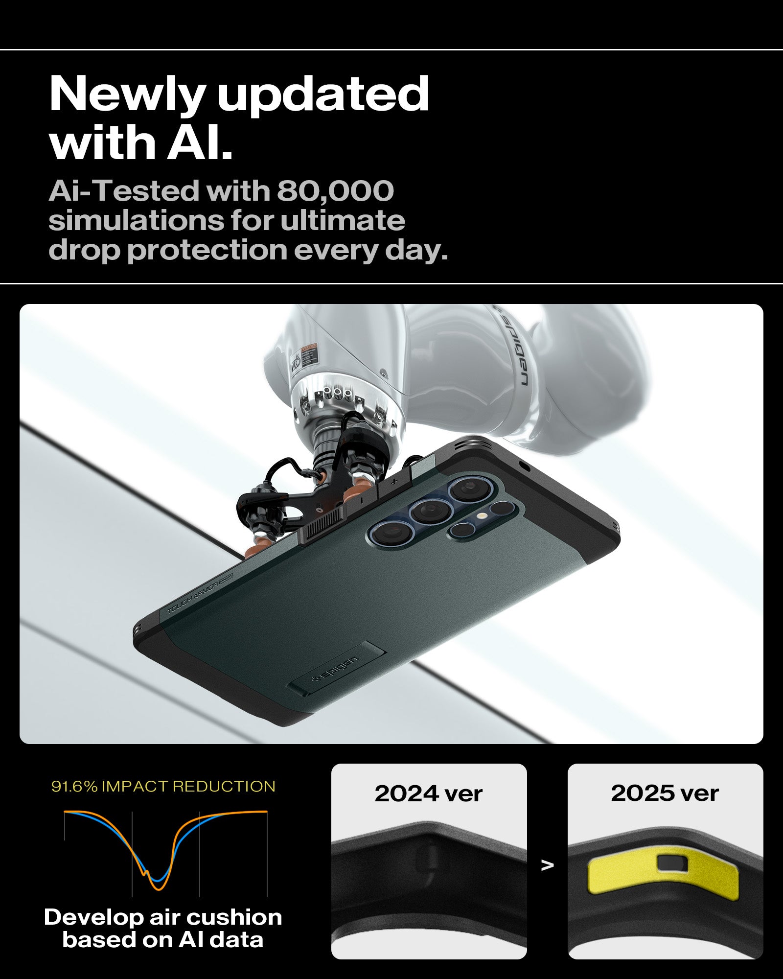 ACS08966 - Galaxy S25 Ultra Case Tough Armor AI (MagFit) in Abyss Green showing the newly updated with AI. Ai-Tested with 80,000 simulations for ultimate drop protection everyday. Develop air cushion based on AI data