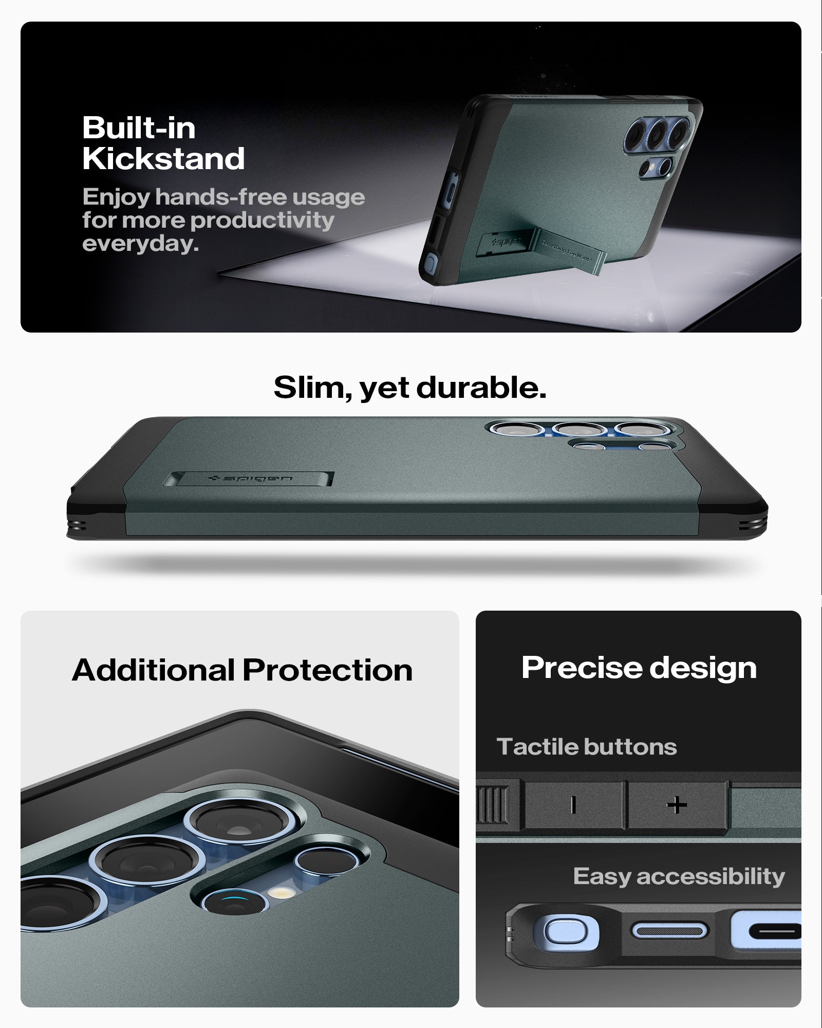 ACS08966 - Galaxy S25 Ultra Case Tough Armor AI (MagFit) in Abyss Green showing the built-in kickstand. Enjoy hands-free usage for more productivity everyday. Slim, yet durable. Additional Protection, Precise design and easy accessibility
