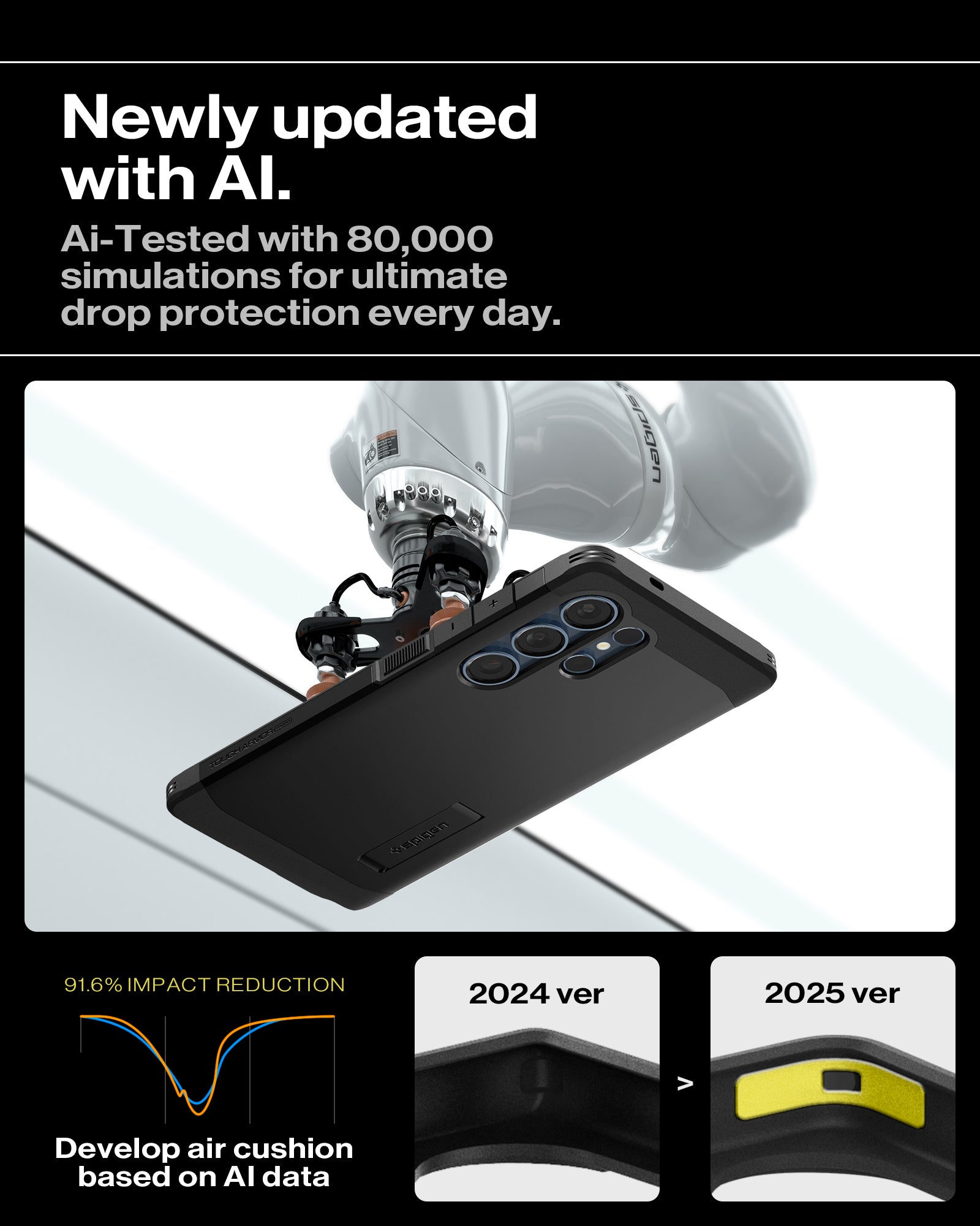 ACS08964 - Galaxy S25 Ultra Case Tough Armor AI (MagFit) in Black showing the newly updated with AI. Ai-Tested with 80,000 simulations for ultimate drop protection everyday. Develop air cushion based on AI data