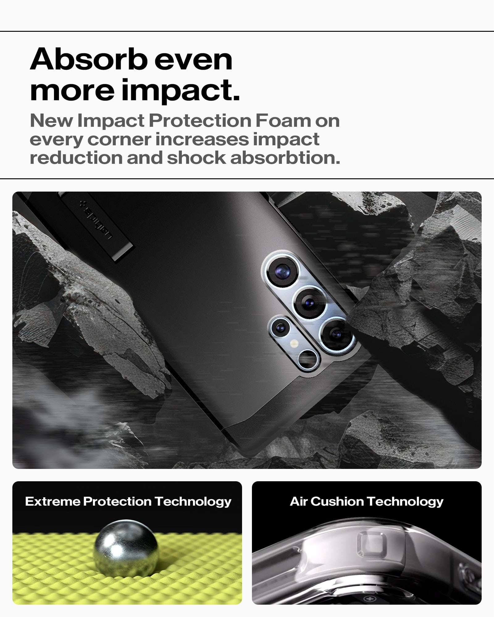 ACS08964 - Galaxy S25 Ultra Case Tough Armor AI (MagFit) in Black showing the how it absorb even more impact. New Impact Protection Foam on every corner increases impact reduction and shock absorption. Extreme Protection Technology, Air Cushion Technology