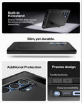 ACS08964 - Galaxy S25 Ultra Case Tough Armor AI (MagFit) in Black showing the built-in kickstand. Enjoy hands-free usage for more productivity everyday. Slim, yet durable. Additional Protection, Precise design and easy accessibility