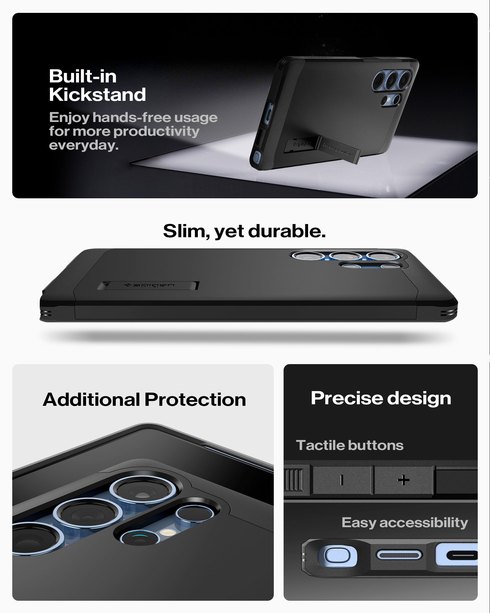 ACS08964 - Galaxy S25 Ultra Case Tough Armor AI (MagFit) in Black showing the built-in kickstand. Enjoy hands-free usage for more productivity everyday. Slim, yet durable. Additional Protection, Precise design and easy accessibility
