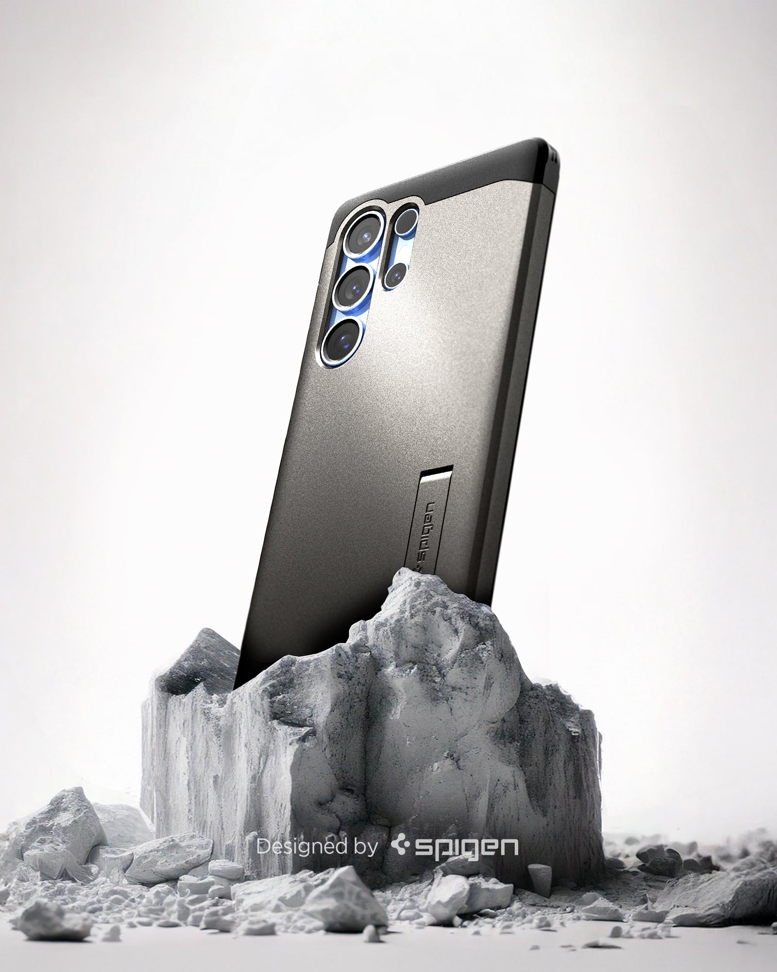 ACS08965 - Galaxy S25 Ultra Case Tough Armor AI (MagFit) in Gunmetal back, partial side device sitting on the top of a rock