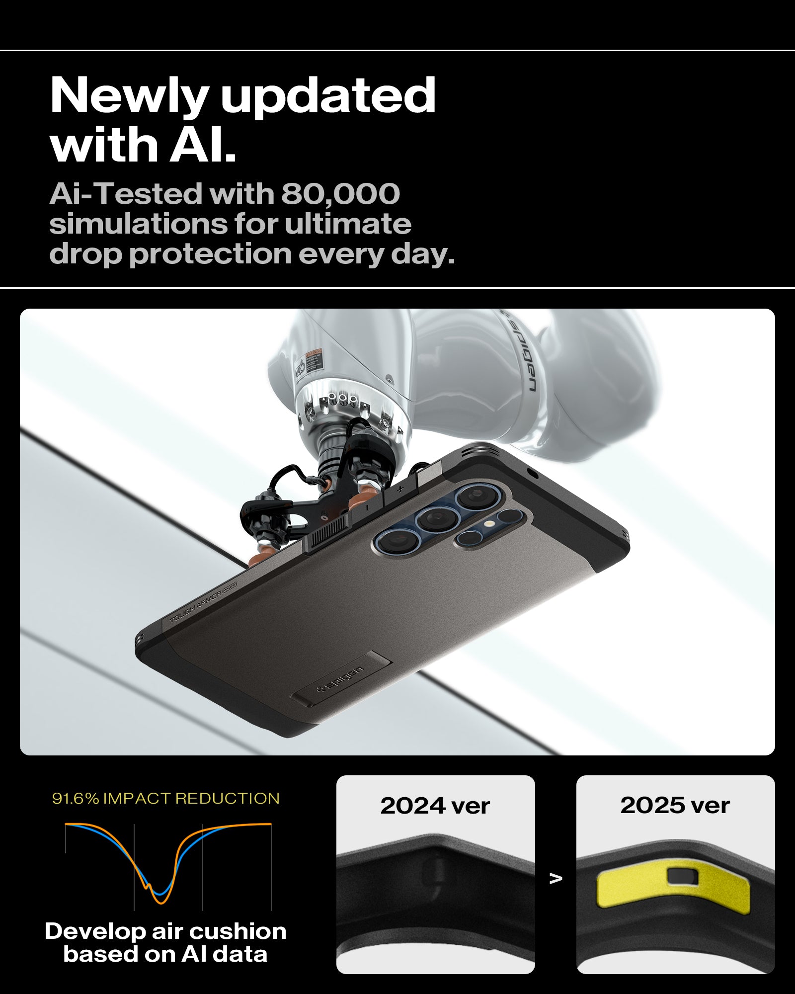 ACS08965 - Galaxy S25 Ultra Case Tough Armor AI (MagFit) in Gunmetal newly updated with AI. Ai-Tested with 80,000 simulations for ultimate drop protection everyday. Develop air cushion based on AI data