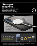ACS09009 - Galaxy S25 Case Tough Armor AI (MagFit) in Gunmetal showing the stronger magnets. Stronger magnets for easy, securer, and snappy connectivity. Enhanced magnetic strength. Magnetic accessories other than the dedicated Magfit may interfere with the camera lens depending on their size