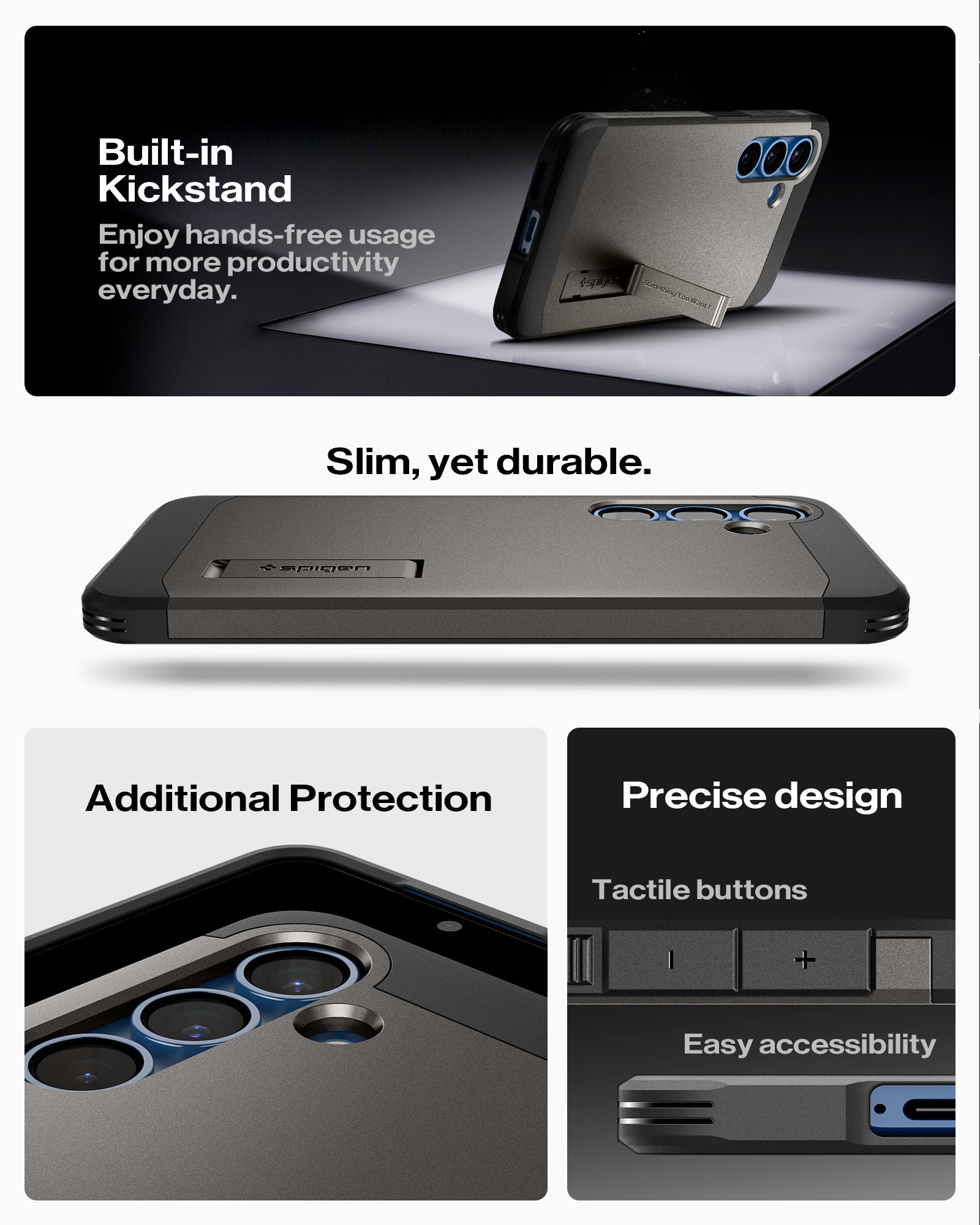 ACS09009 - Galaxy S25 Case Tough Armor AI (MagFit) in Gunmetal showing the built-in kickstand. Enjoy hands-free usage for more productivity everyday. Slim, yet durable. Additional Protection, Precise design and easy accessibility