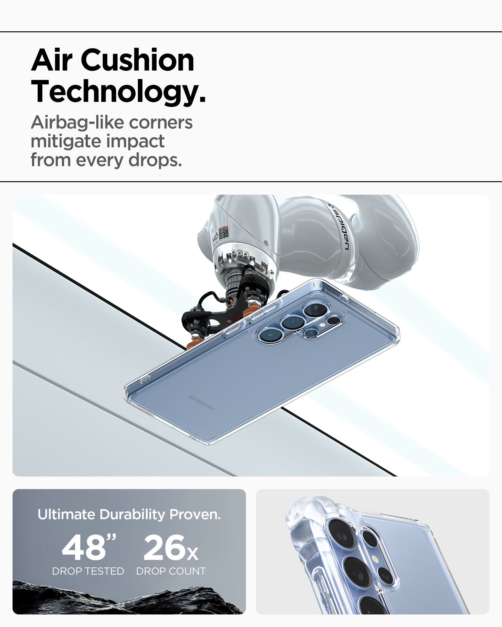 ACS08961 - Galaxy S25 Ultra Case Ultra Hybrid in Crystal Clear showing the Air Cushion Technology. Airbag-like corners mitigate impact from every drops. Ultimate Durability Proven. 48" drop tested, 26x drop count