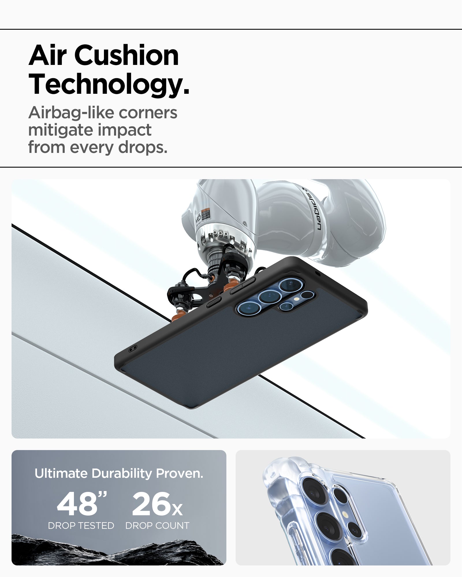 ACS08962 - Galaxy S25 Ultra Case Ultra Hybrid in Frost Black showing the Air Cushion Technology. Airbag-like corners mitigate impact from every drops. Ultimate Durability Proven. 48" drop tested, 26x drop count