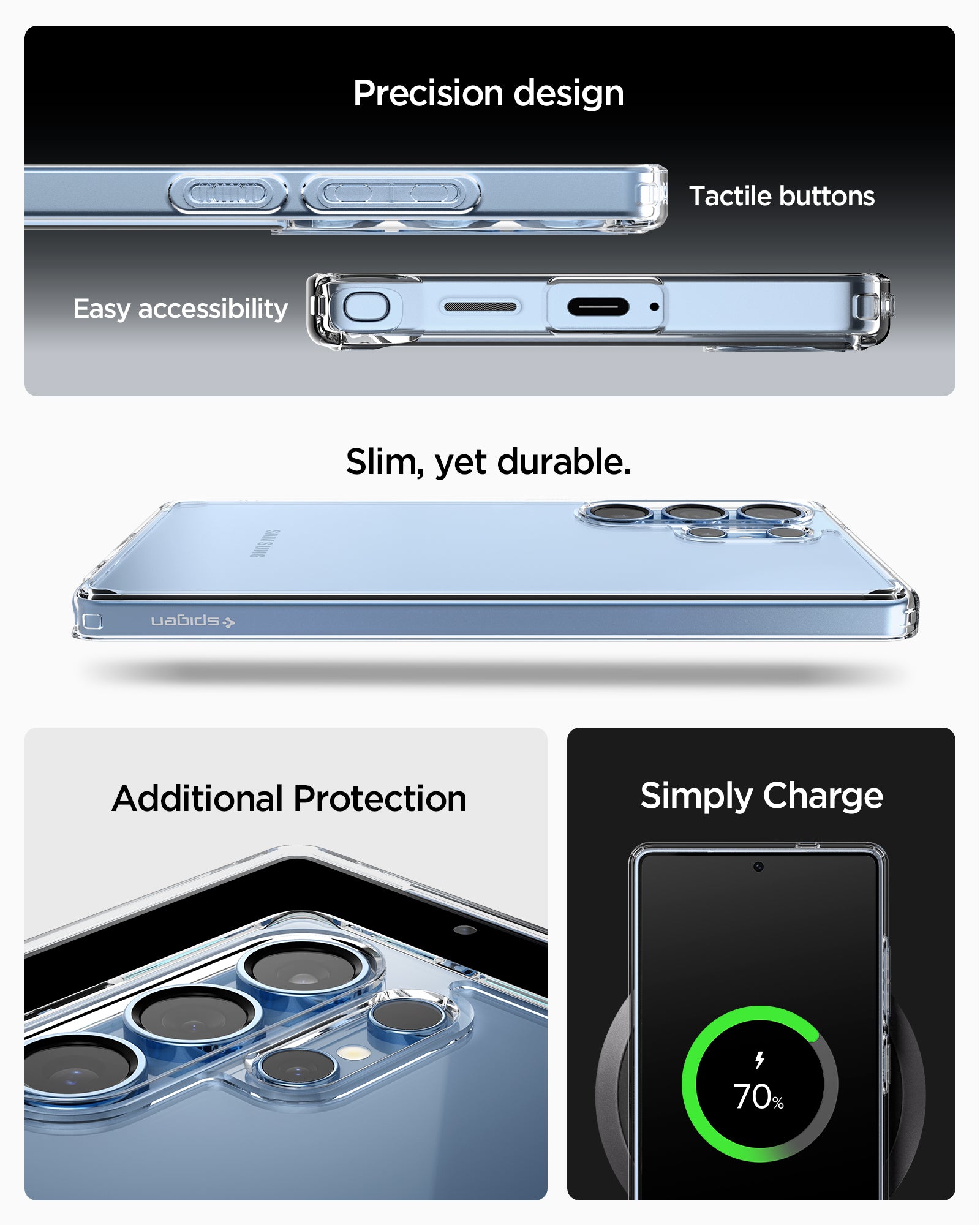 ACS08961 - Galaxy S25 Ultra Case Ultra Hybrid in Crystal Clear showing the Precision design. Tactile buttons, easy accessibility. Slim, yet durable. Additional Protection. Simply charge