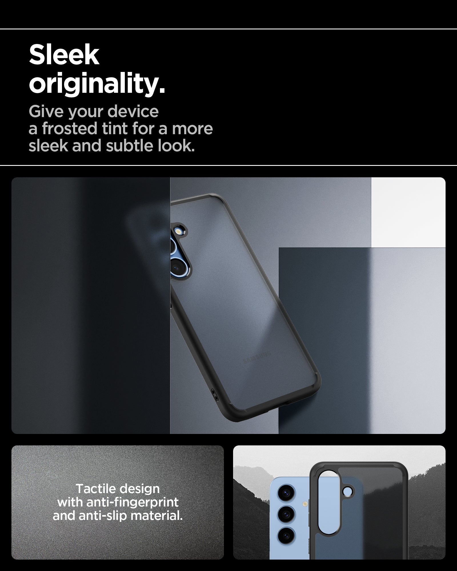 ACS09007 - Galaxy S25 Case Ultra Hybrid in Frost Black showing the sleek originality. Give your device a frosted tint for a more sleek and subtle look. Tactile design with anti-fingerprint and anti-slip naterial