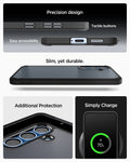 ACS09007 - Galaxy S25 Case Ultra Hybrid in Frost Black showing the Precision design. Tactile buttons, easy accessibility. Slim, yet durable. Additional Protection. Simply charge