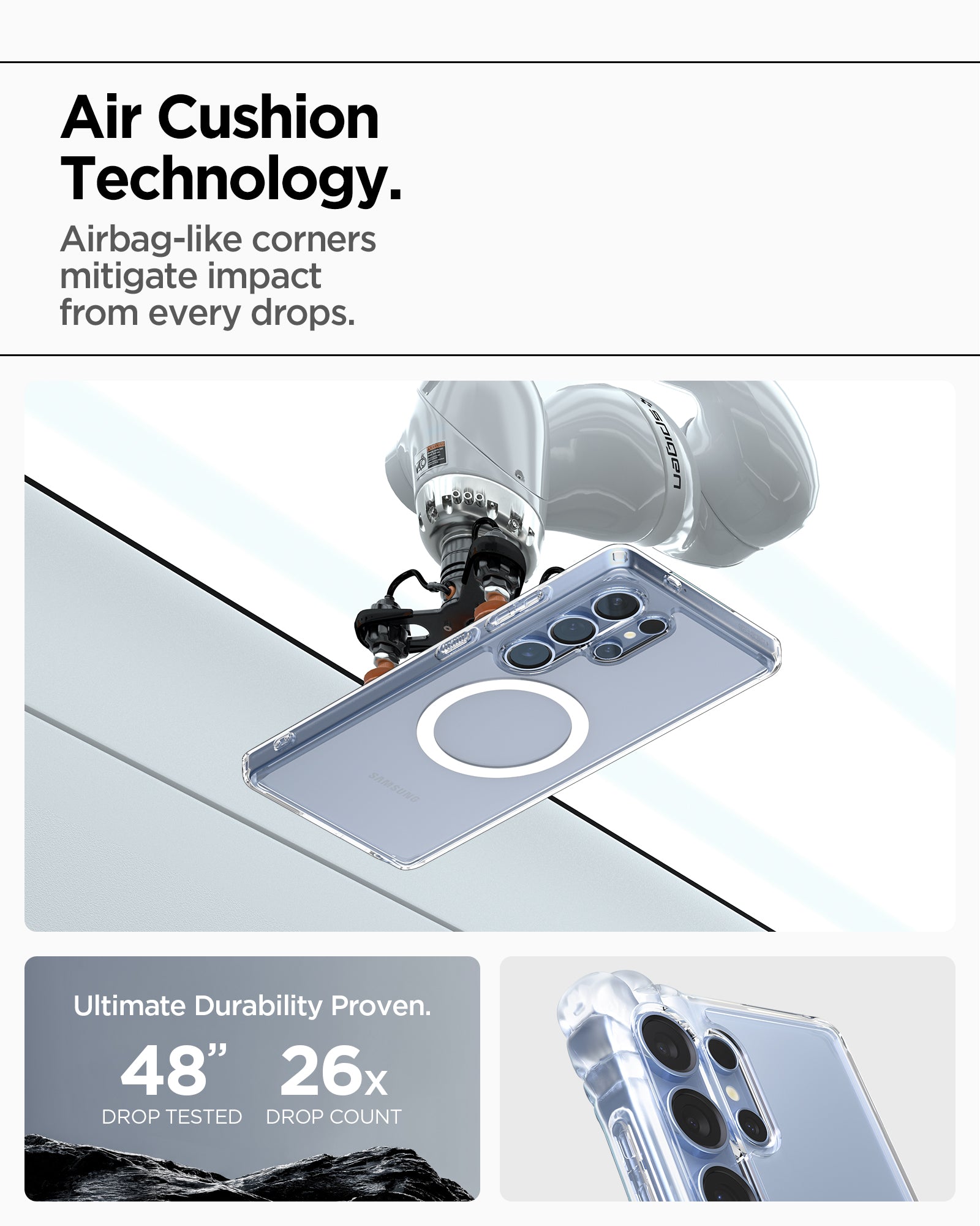 ACS08956 - Galaxy S25 Ultra Case Ultra Hybrid Metal Ring (MagFit) in Clear White showing the air cushion technology. Airbag-like corners mitigate impact from every drops. Ultimate durability proven with 48" drop tested and 26x drop count