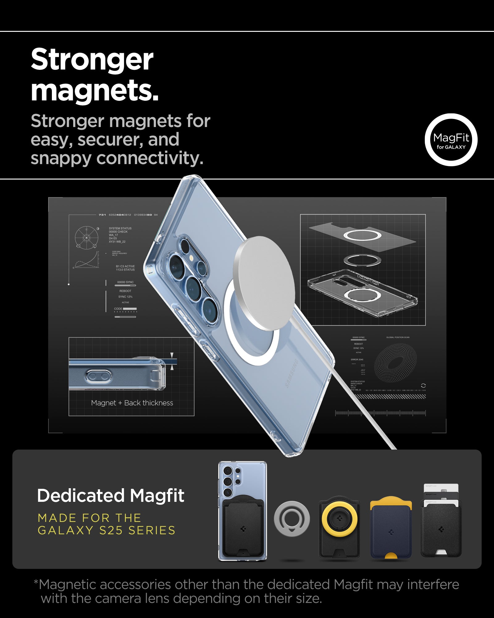 ACS08956 - Galaxy S25 Ultra Case Ultra Hybrid Metal Ring (MagFit) in Clear White showing the stronger magnets. Stronger magnets for easy, securer, and snappy connectivity. Magnetic accessories other than the dedicated Magfit may interfere wit the camera lens depending on their size