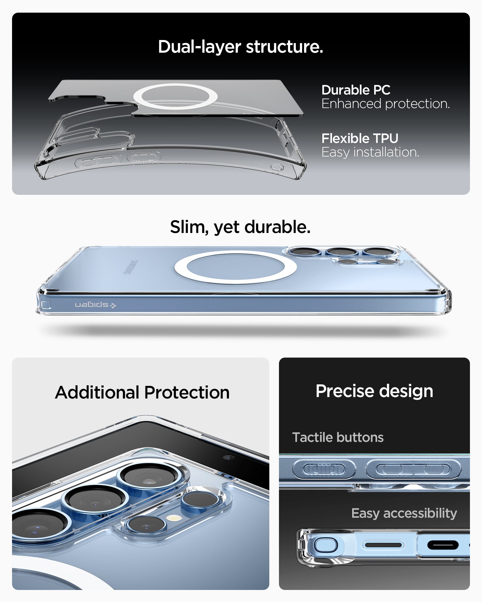 ACS08956 - Galaxy S25 Ultra Case Ultra Hybrid Metal Ring (MagFit) in Clear White showing the dual-layer structure. Made with durable PC enhanced protection and Flexible TPU easy installation. Slim, yet durable with additional protection. Precise design. tactile buttons and easy accessibility