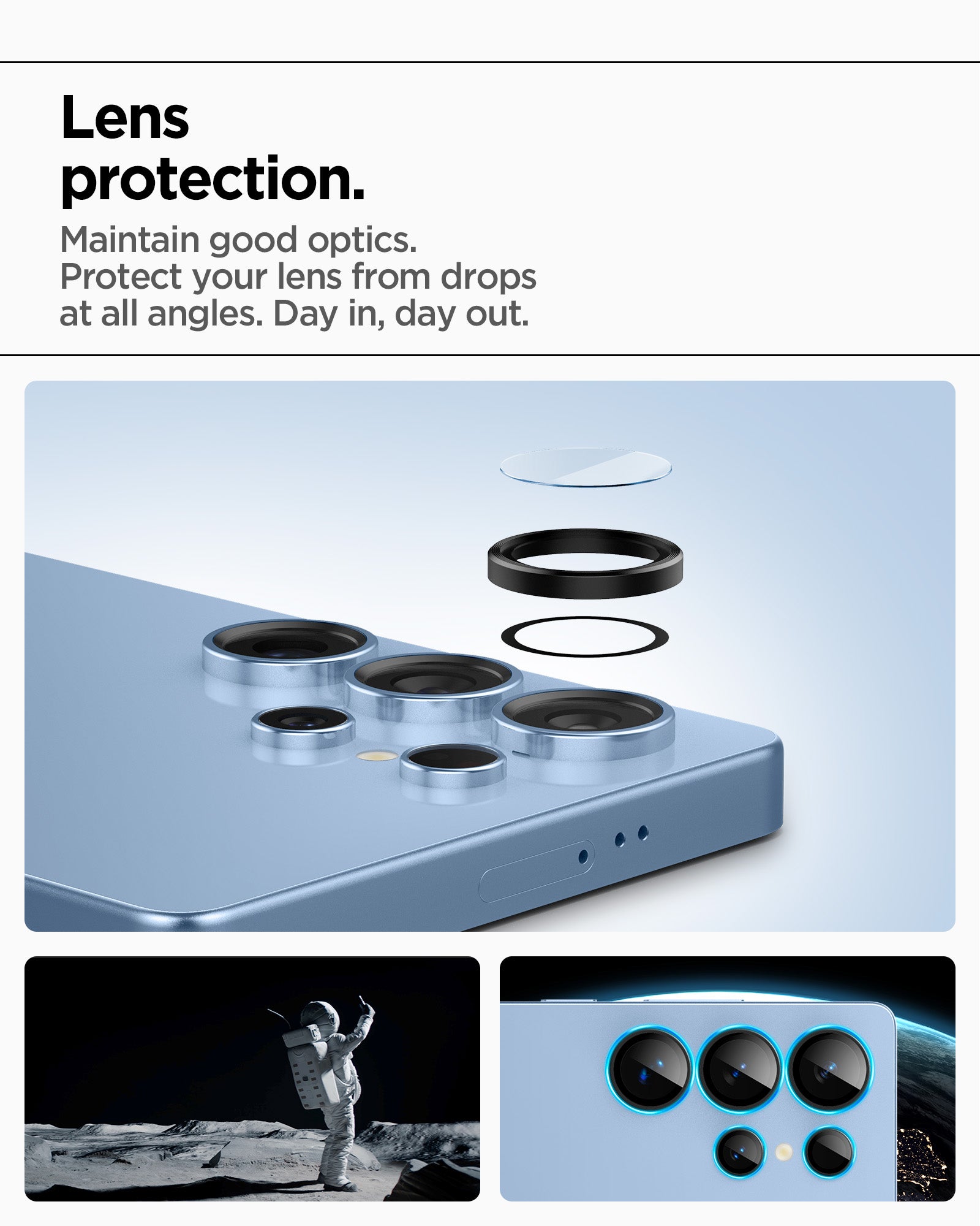 AGL09081 - Galaxy S25 Ultra Optik Pro EZ Fit Lens Protector in Black showing the lens protection. Maintain good optics. Protect your lens from drops at all angles. Day in, day out