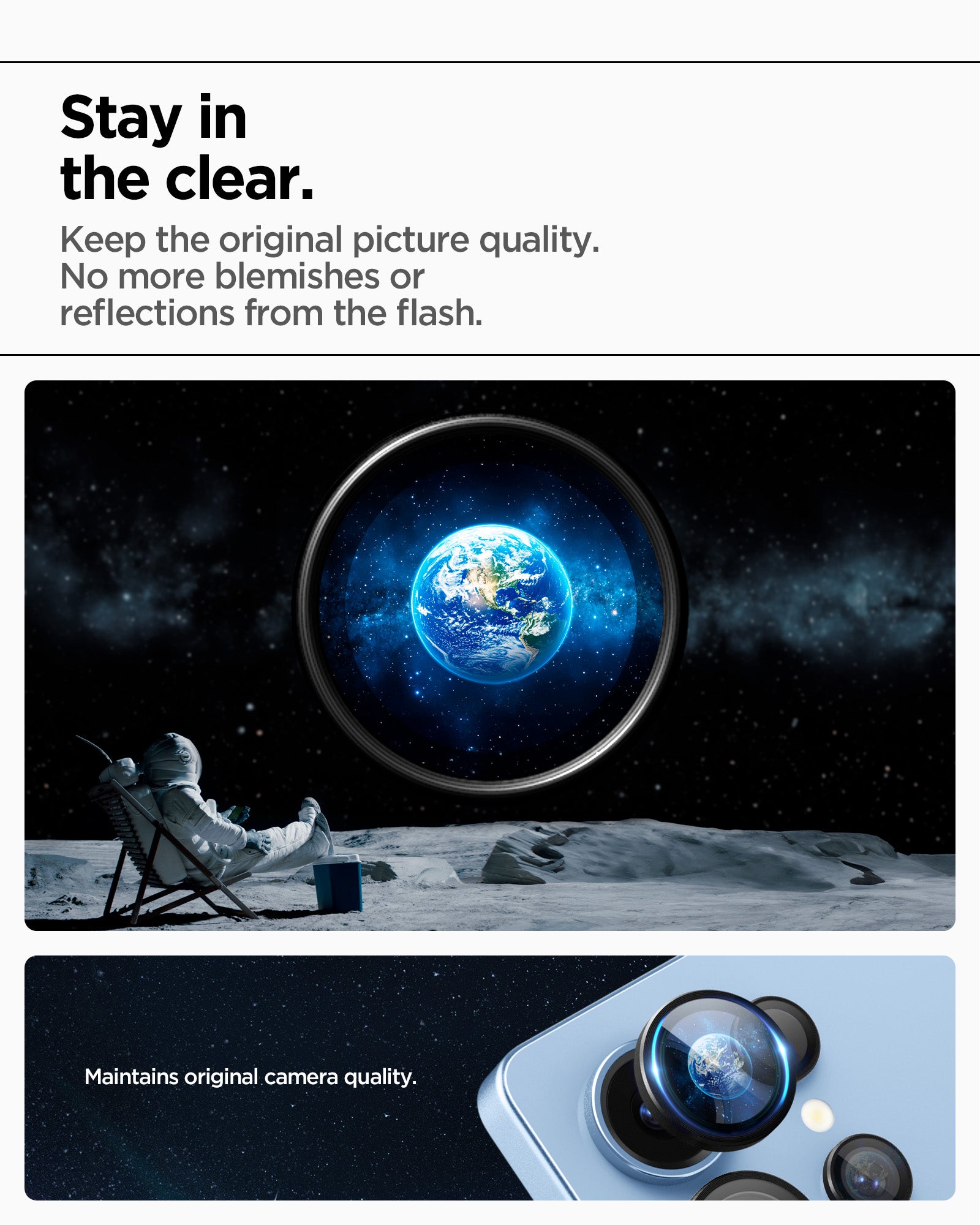 AGL09081 - Galaxy S25 Ultra Optik Pro EZ Fit Lens Protector in Black showing staying in the clear. Keep the original picture quality. No more blemishes or reflections from the flash. Maintains original camera quality