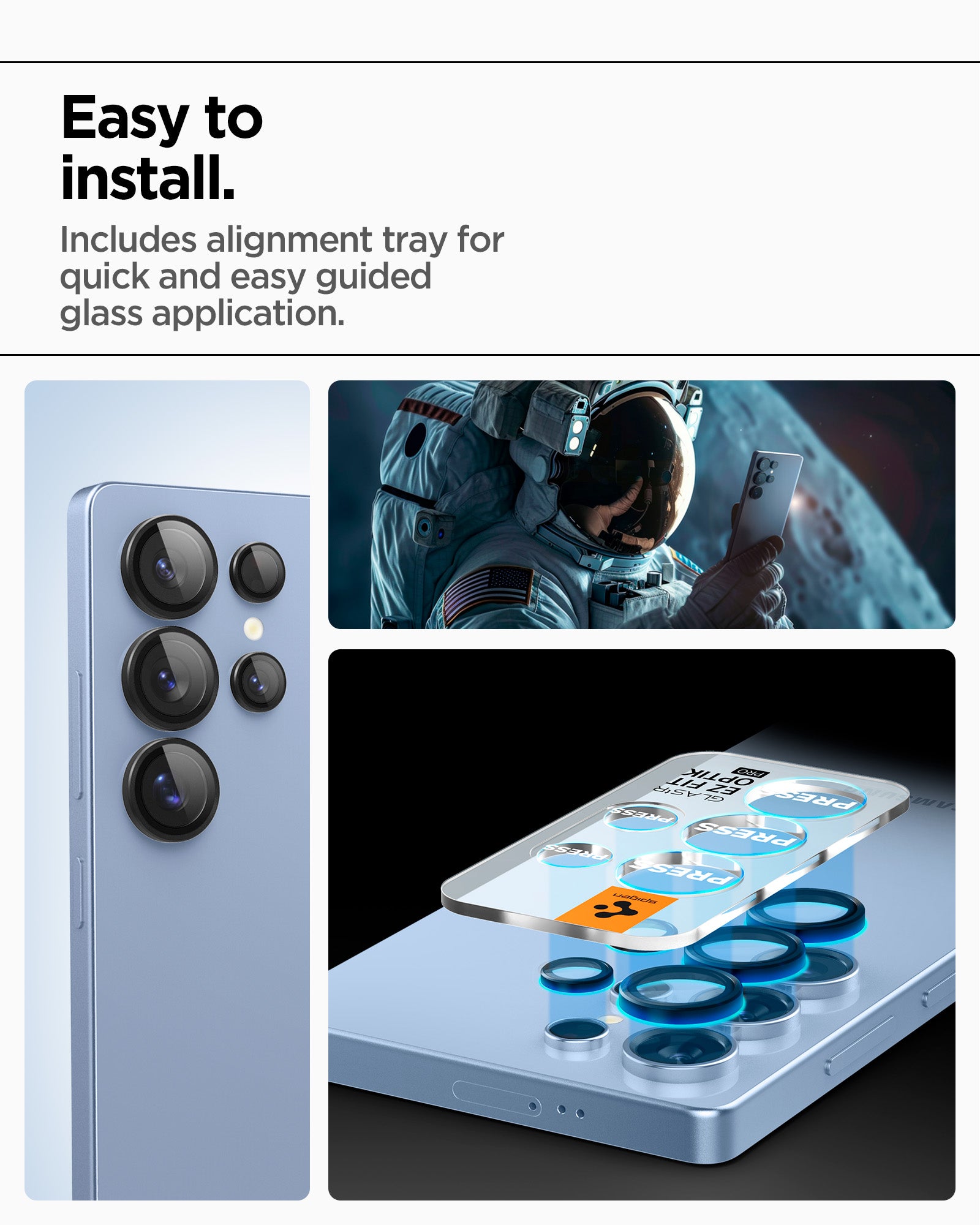 AGL09081 - Galaxy S25 Ultra Optik Pro EZ Fit Lens Protector in Black showing the easy to install. Includes alignment tray for quick and easy guided glass application