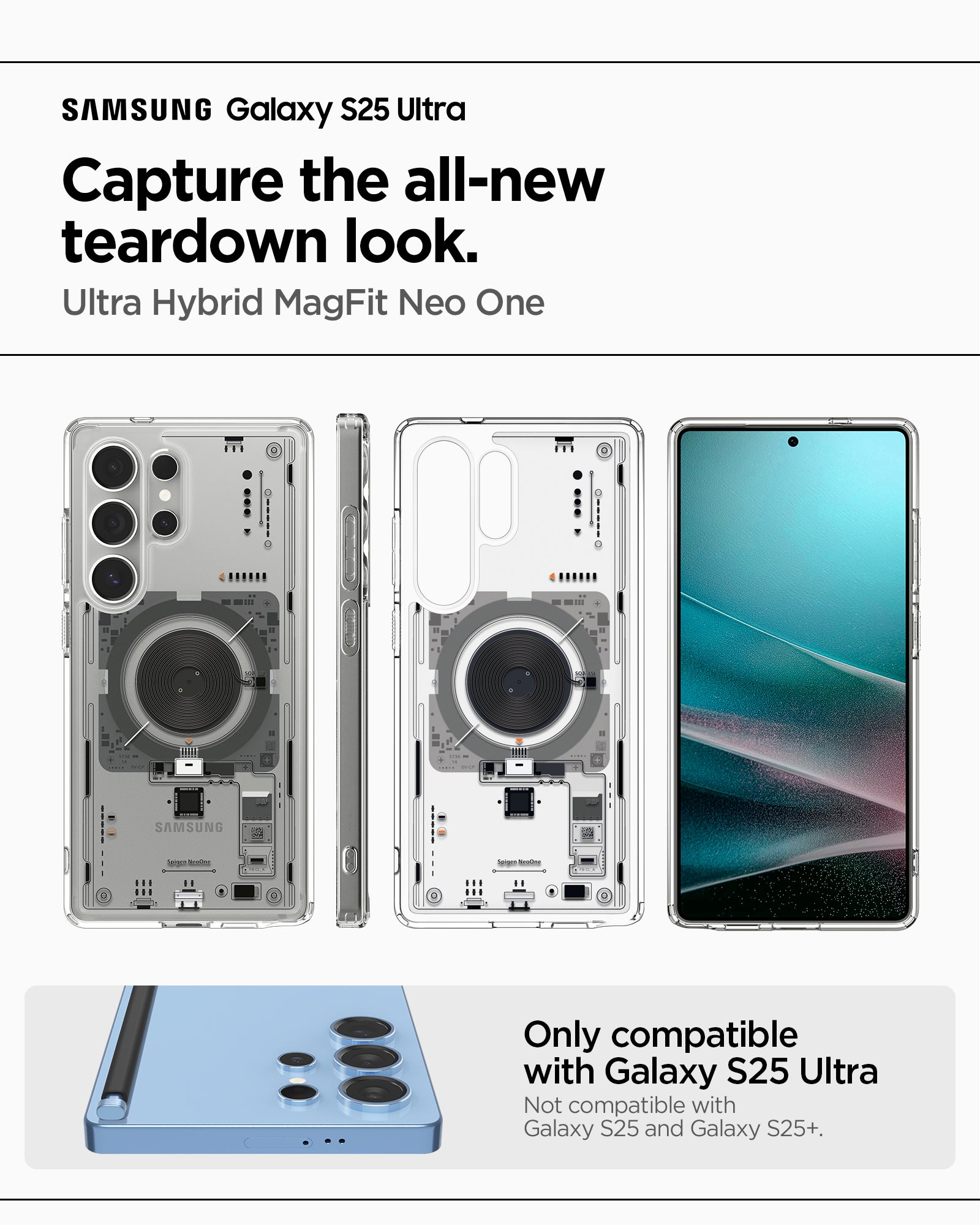 ACS08959 - Galaxy S25 Ultra Case Ultra Hybrid Metal Ring Neo One (MagFit) in Neo One capture the all new teardown look. ultra hybrid magfit neo one. Only compatible with galaxy S25 Ultra.