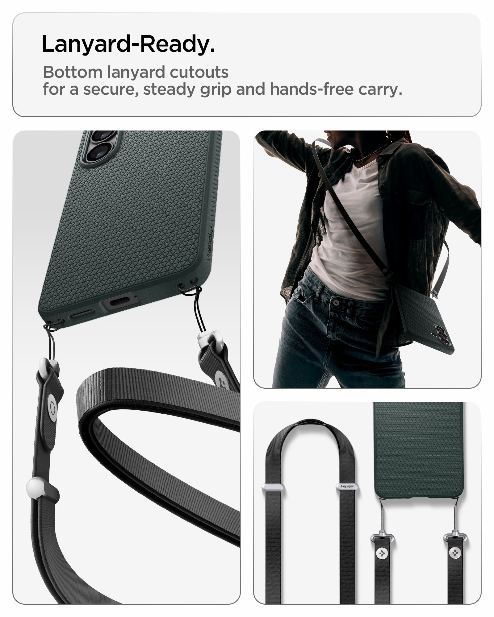 ACS11045 - Galaxy S26 Plus Liquid Air (Mag Fit) in Abyss Green showing lanyard ready. Bottom lanyard cutouts for a secure steady grip and hands free carry