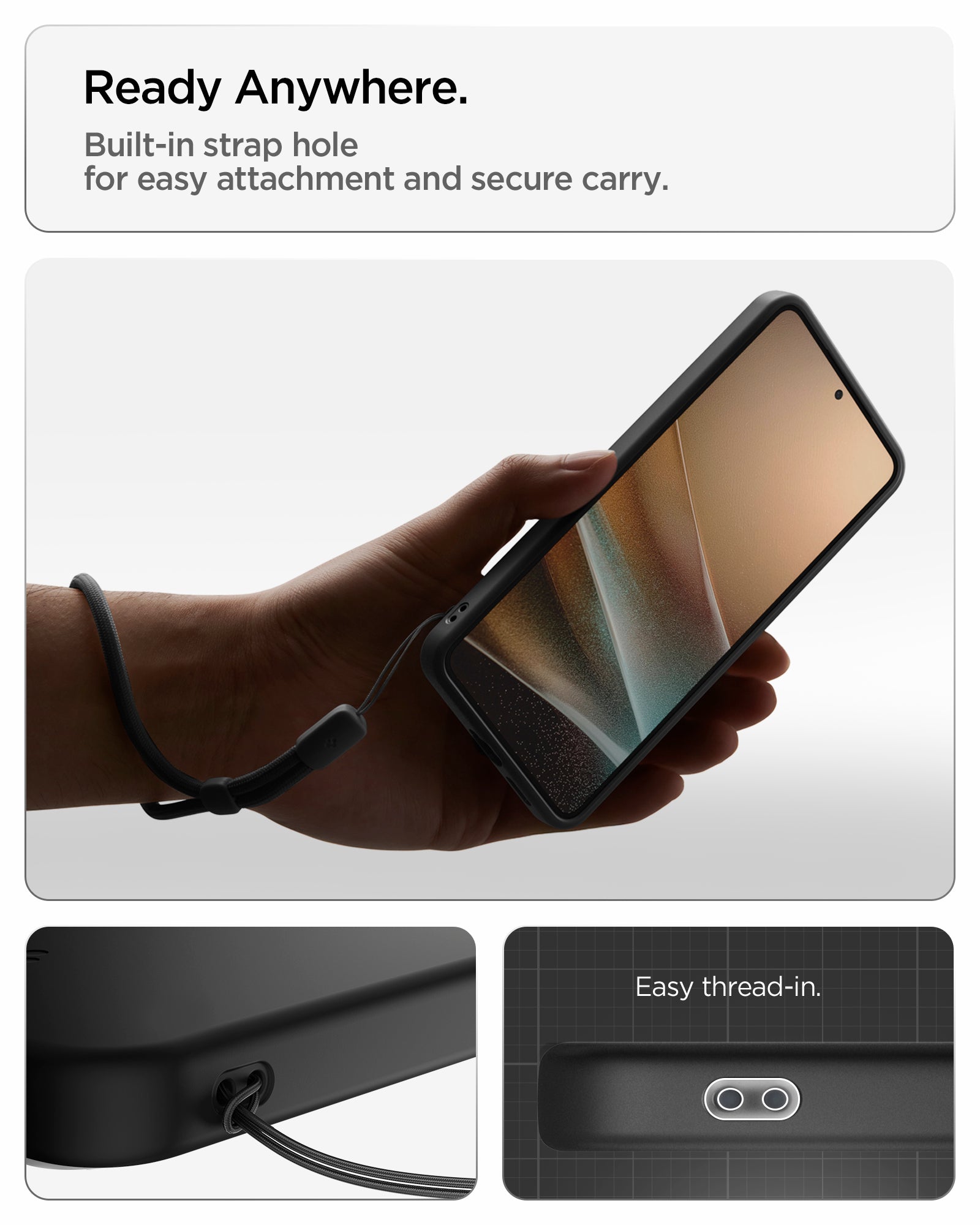 ACS10720 - Galaxy S26 Plus ThinTect (Mag Fit) Black showing ready anywhere. built in strap hole for easy attachment and secure carry