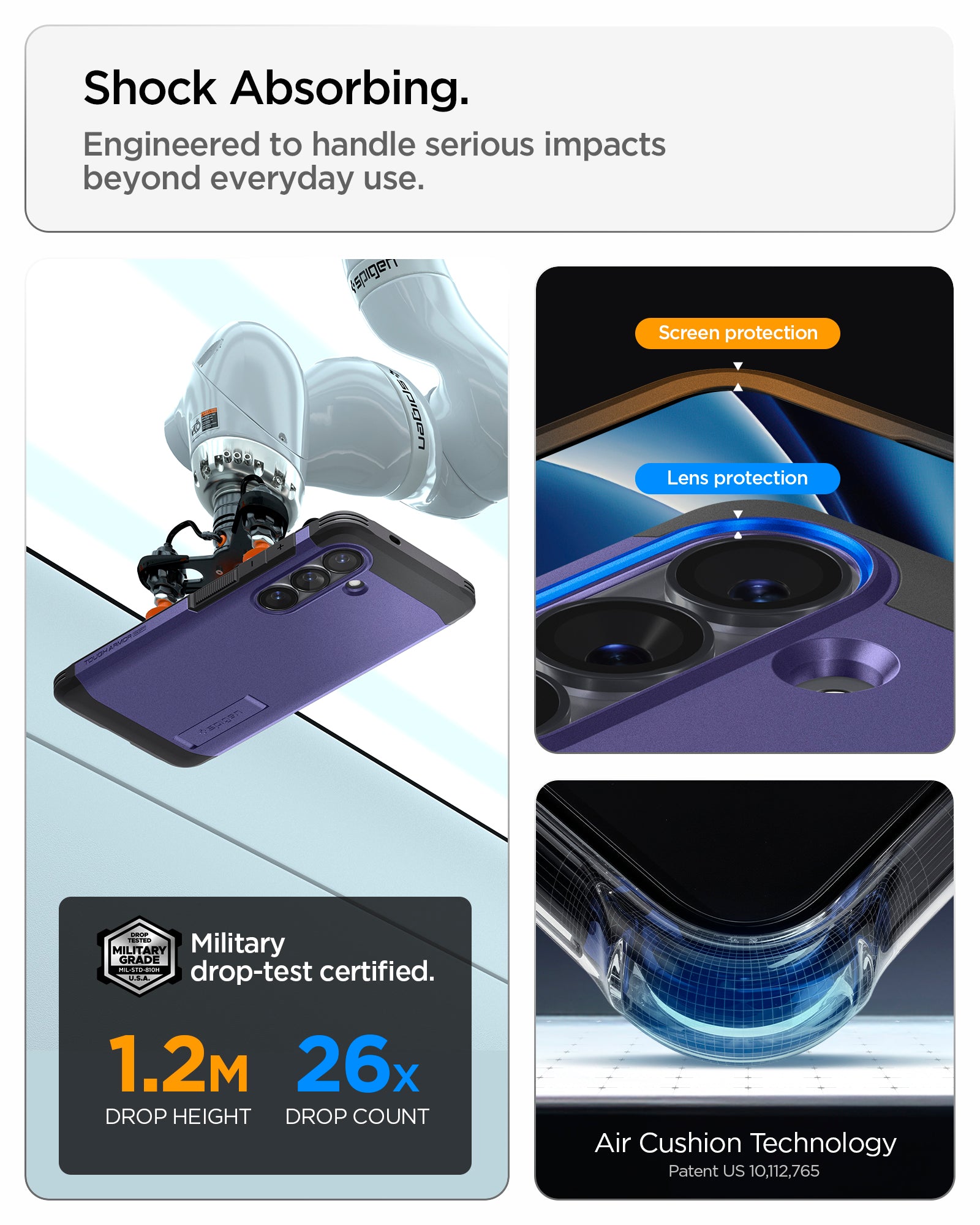 ACS11165 - Galaxy S26 Plus Case Tough Armor (Mag Fit) Ash Violet showing shock absorbing. engineered to handle serious impacts beyond everyday use