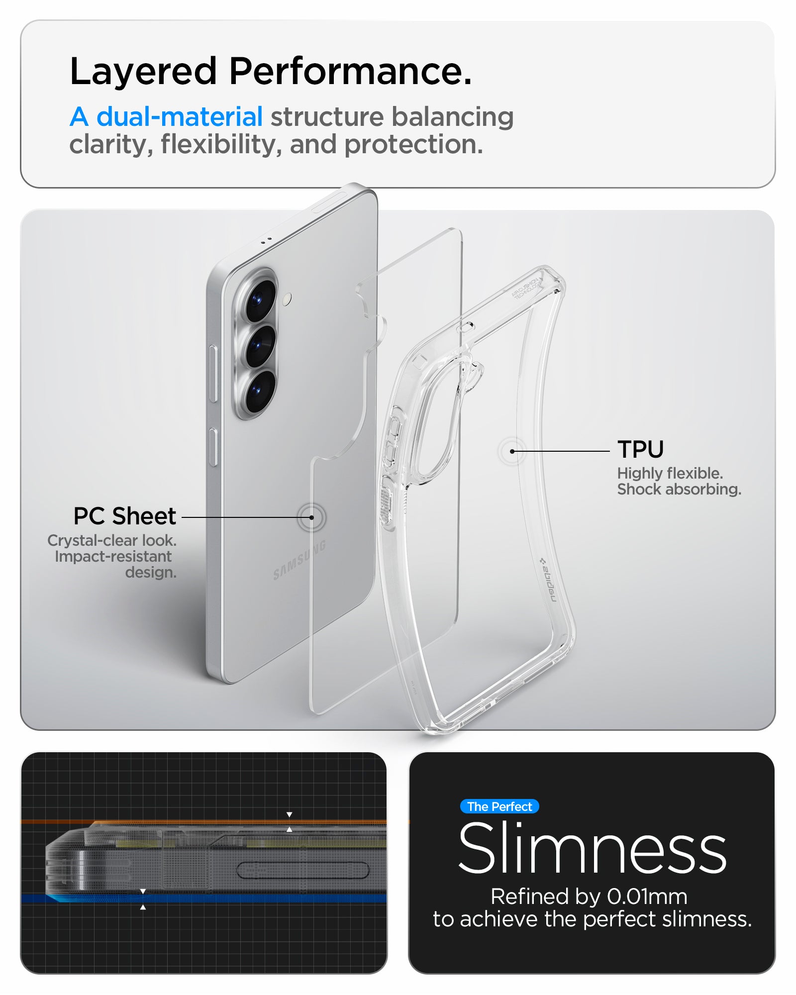 ACS11049 - Galaxy S26 Plus Case Ultra Hybrid Crystal Clear showing layered performance. a dual material structure balancing clarity flexibility and protection