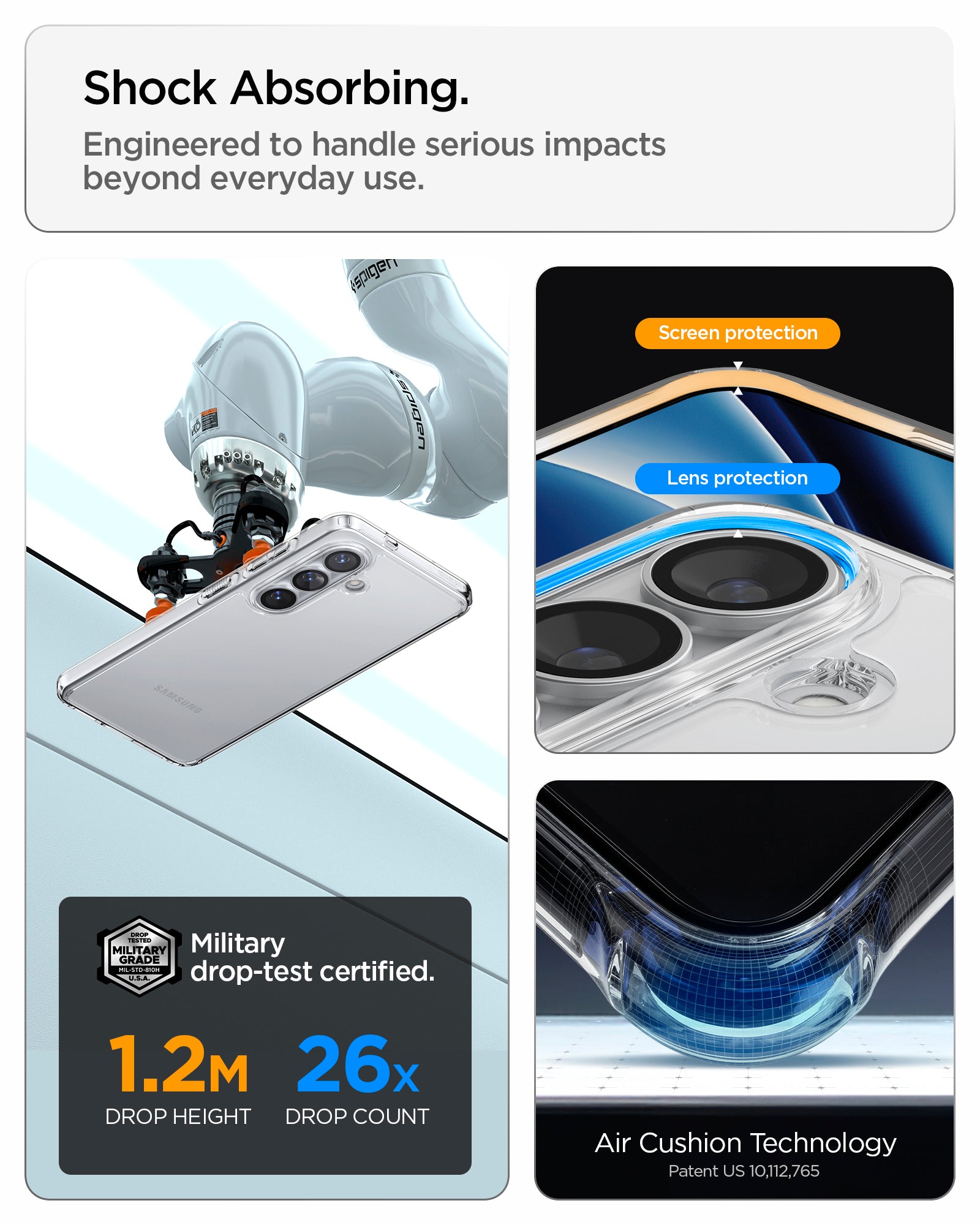 ACS11049 - Galaxy S26 Plus Case Ultra Hybrid Crystal Clear showing shock absorbing. engineered to handle serious impacts beyond everyday use