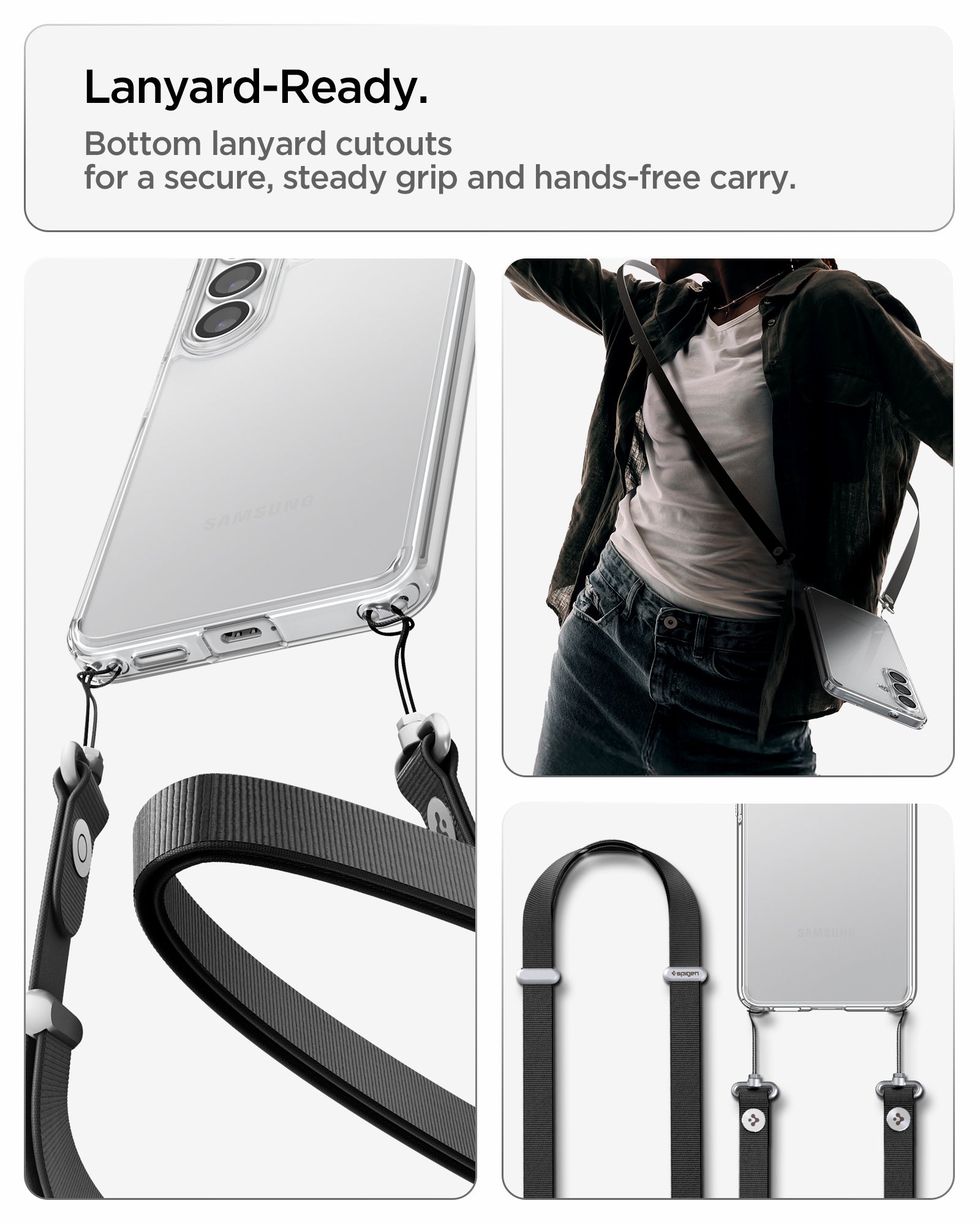 ACS11049 - Galaxy S26 Plus Case Ultra Hybrid Crystal Clear showing lanyard ready. Bottom lanyard cutouts for a secure steady grip and hands free carry