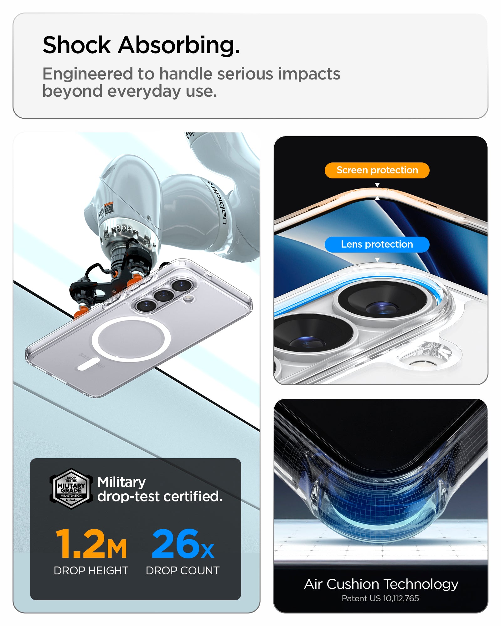 ACS10964 - Galaxy S26 Plus Case Ultra Hybrid (Mag Fit) Crystal Clear showing shock absorbing. engineered to handle serious impacts beyond everyday use