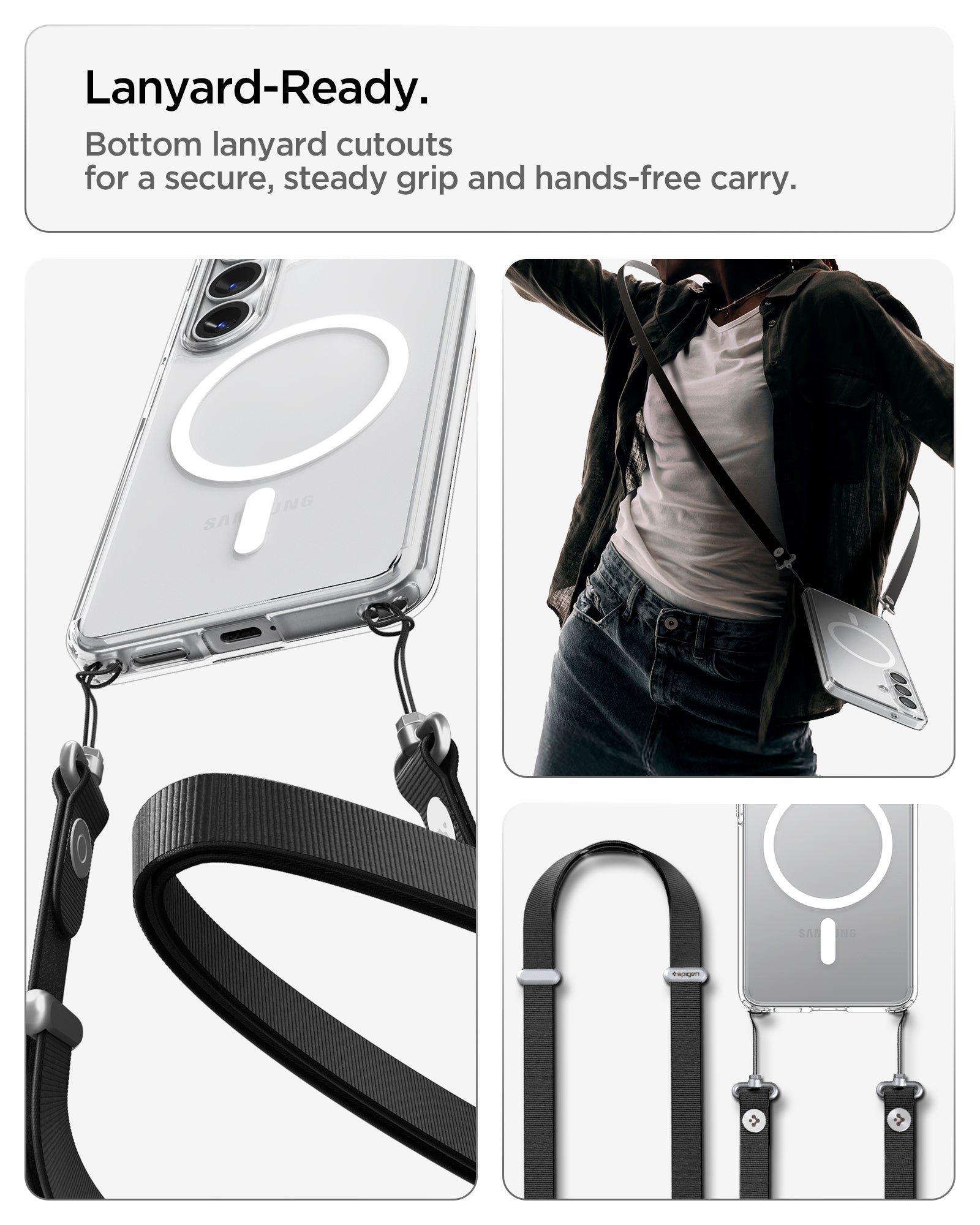ACS10964 - Galaxy S26 Plus Case Ultra Hybrid (Mag Fit) Crystal Clear showing lanyard ready. Bottom lanyard cutouts for a secure steady grip and hands free carry