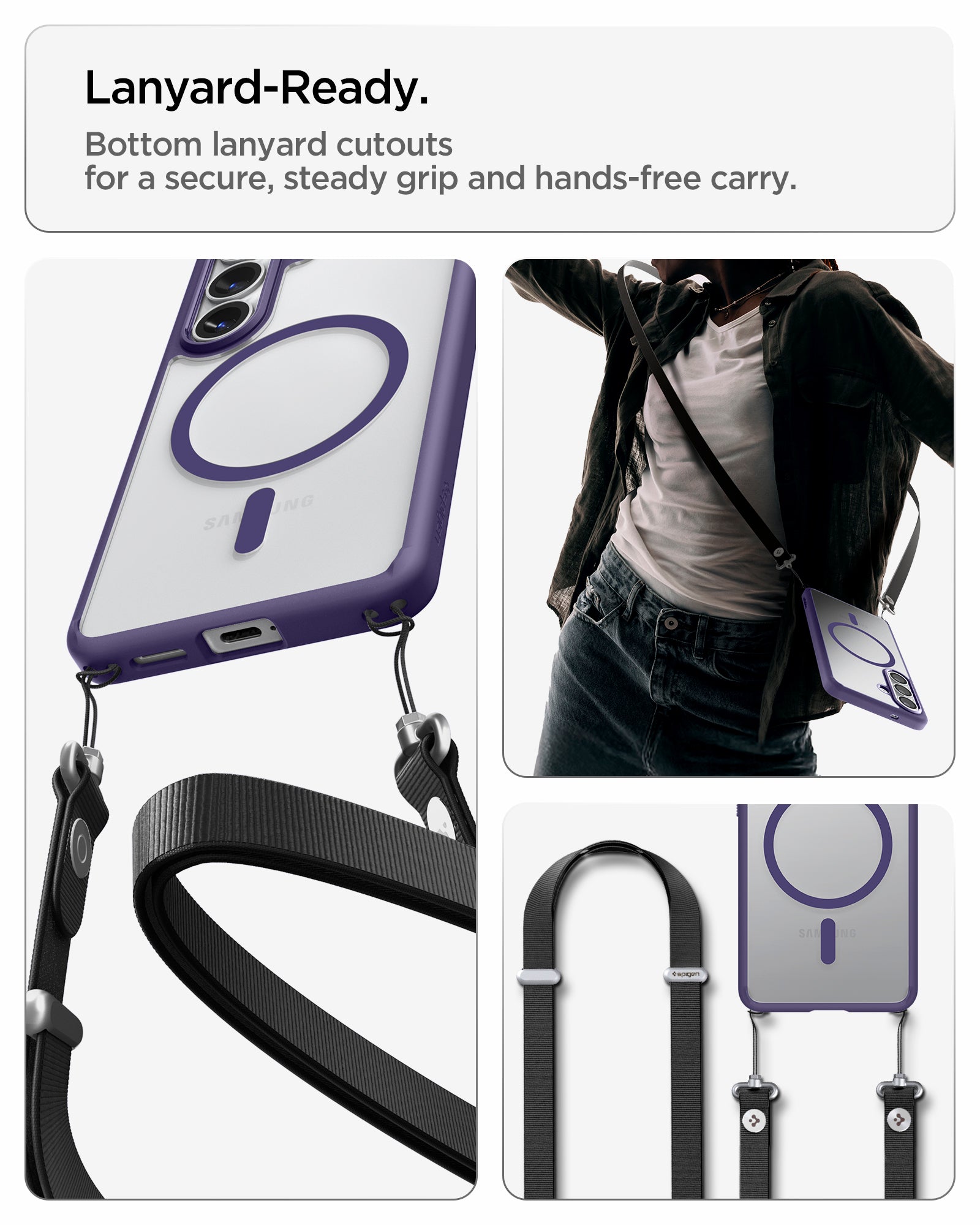 ACS11164 - Galaxy S26 Plus Case Ultra Hybrid (Mag Fit) Deep Purple showing lanyard ready. Bottom lanyard cutouts for a secure steady grip and hands free carry