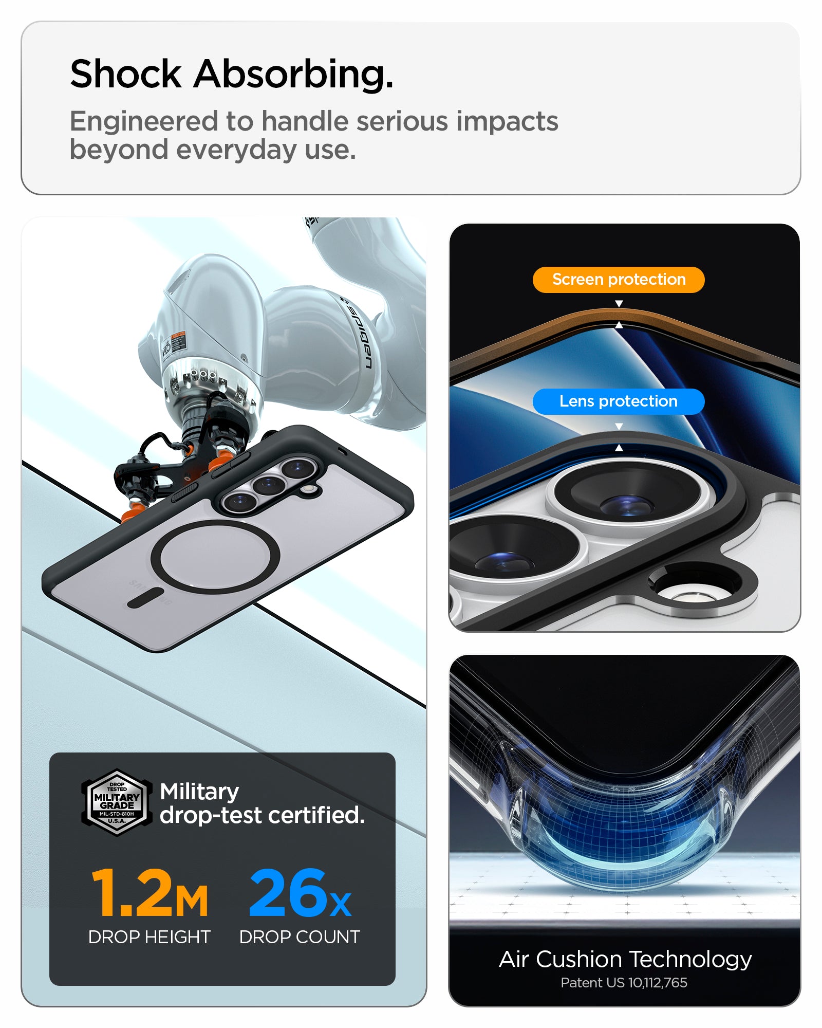 ACS10965 - Galaxy S26 Plus Case Ultra Hybrid (Mag Fit) Matte Black showing shock absorbing. engineered to handle serious impacts beyond everyday use